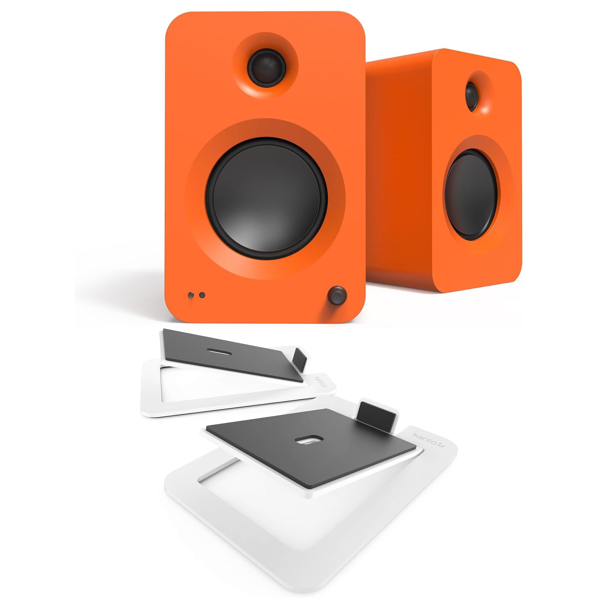 Kanto REN MO Bluetooth Powered Bookshelf Speakers - Matte Orange Pair S6W Angled Desktop Speaker Stands for Large Speakers - Whi