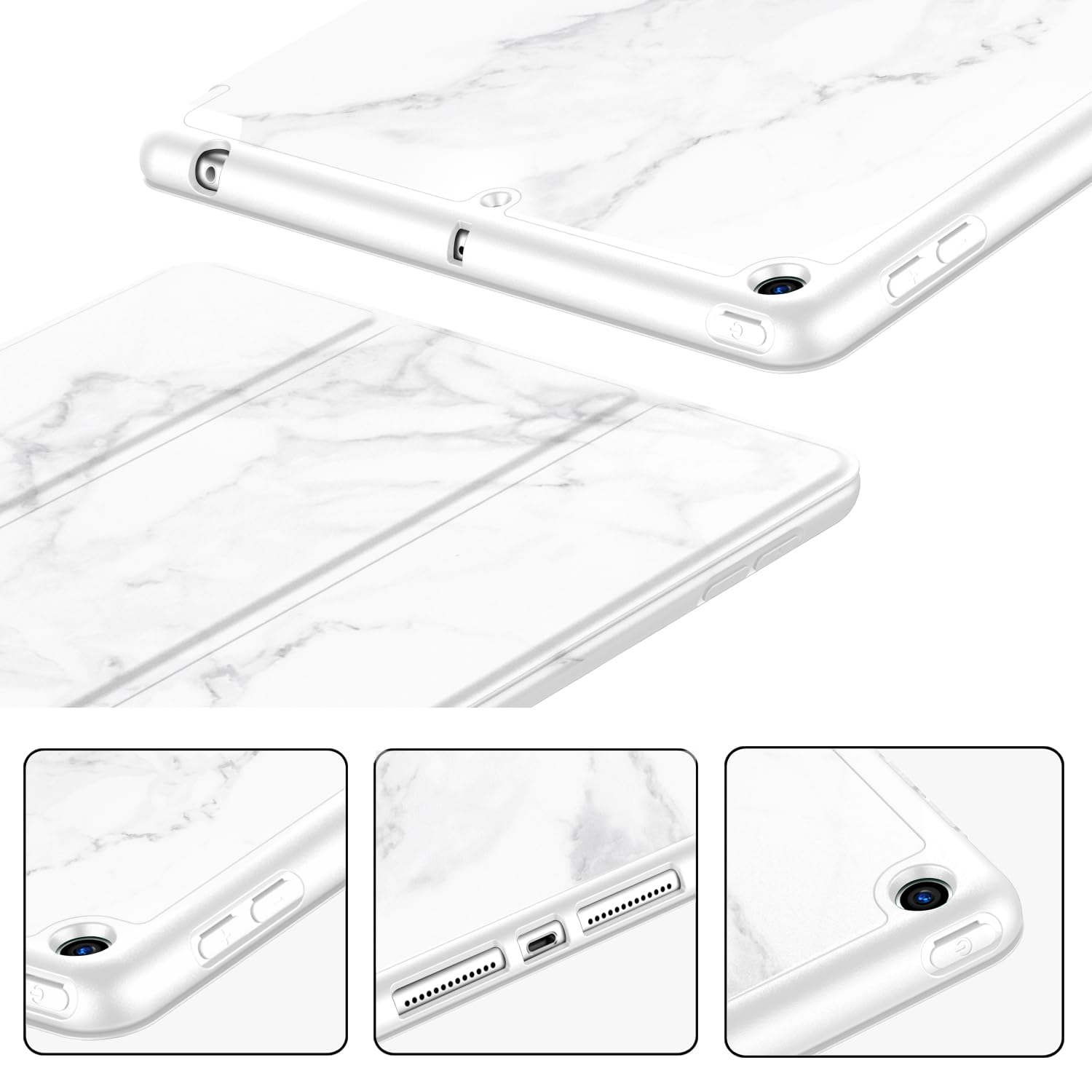 Imieet Ipad 9Th Generation Case 2021/Ipad 8Th Generation Case 2020 10.2 Inch With Pencil Holder, Ipad 7Th Gen 2019 Case With Soft Baby Skin Silicone Back, Auto Wake/Sleep Cover (Marble White)
