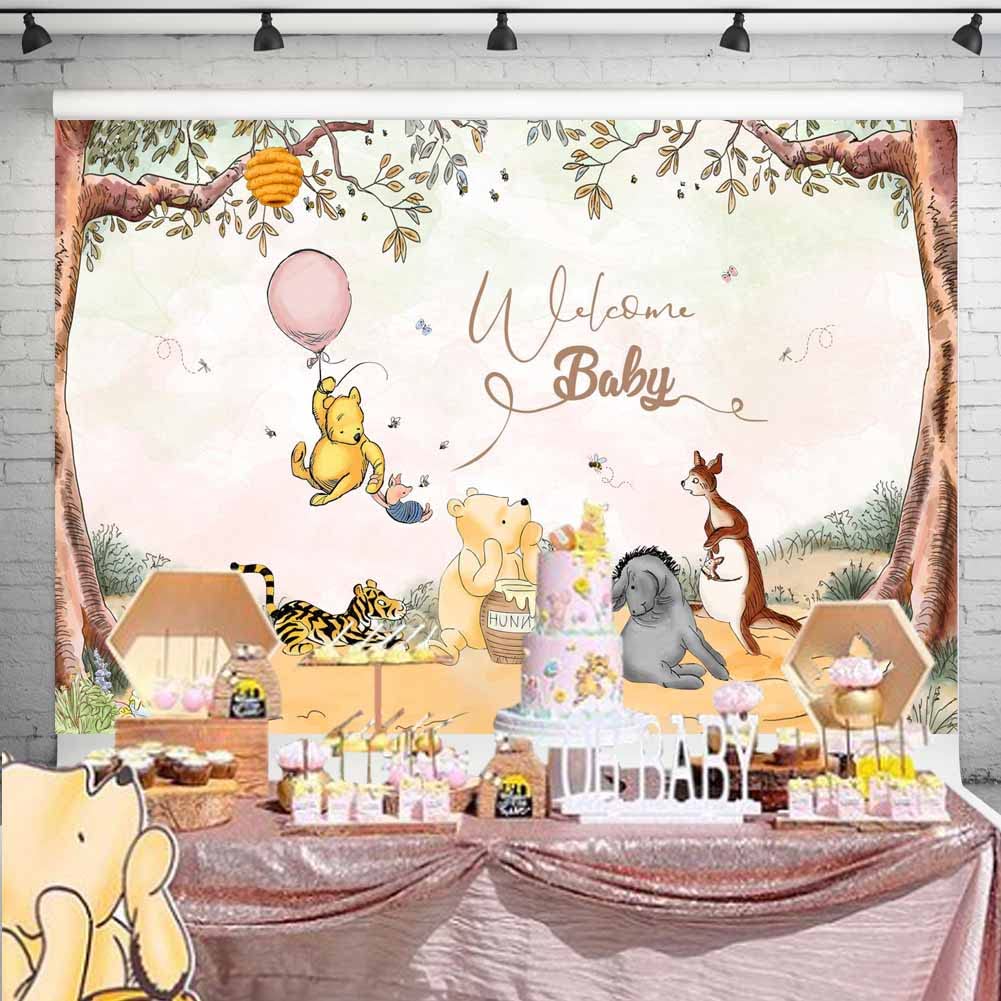 Welcome Baby Vintage Pooh Bear Backdrop Classic Winnie With Pink Balloon Baby Girl Shower Party Decorations Newborn Birthday Bac