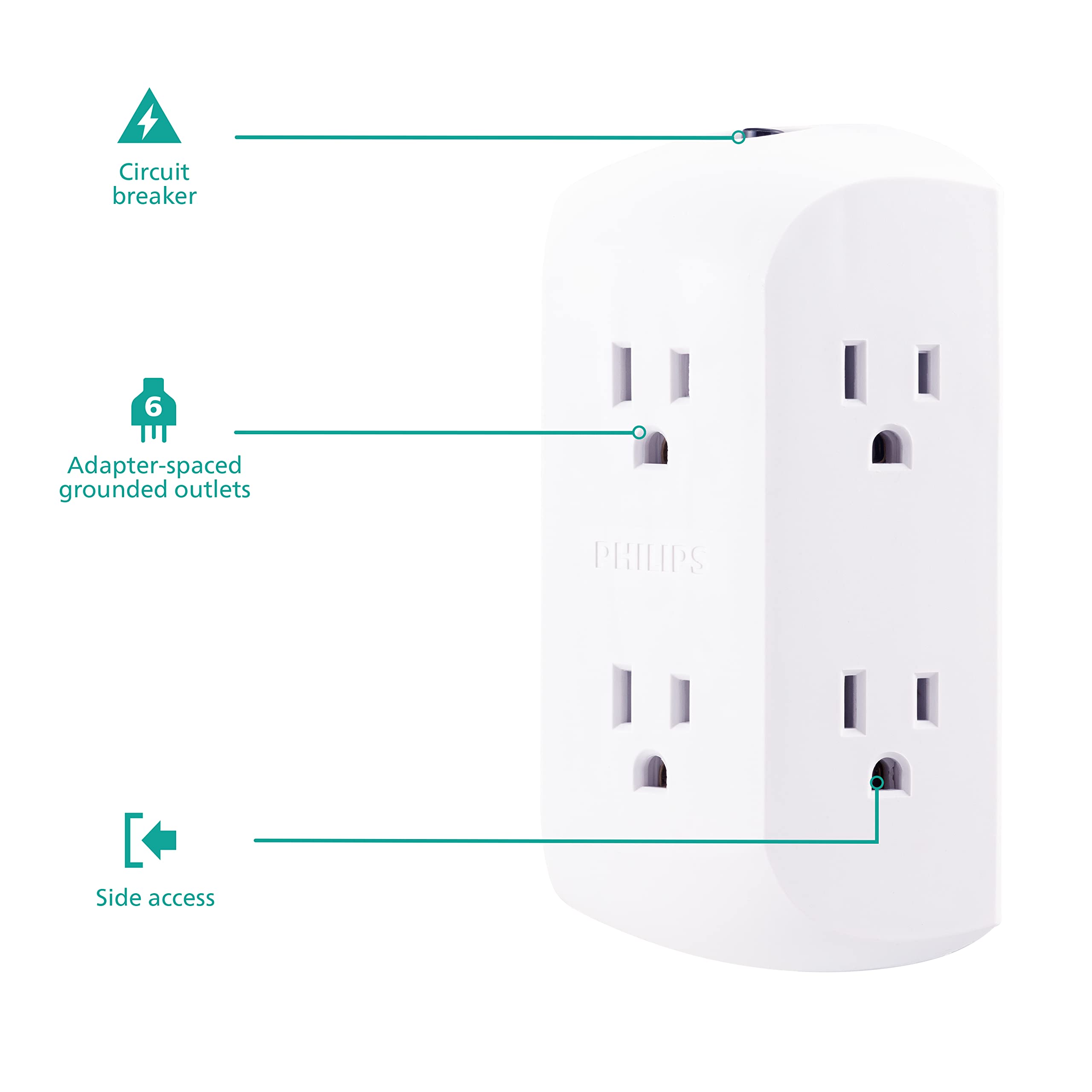Philips 6 Outlet Extender, 4 Pack, Grounded Wall Tap, Reset Button, Circuit Breaker, Adapter Spaced Outlets, 3 Prong, Quick And