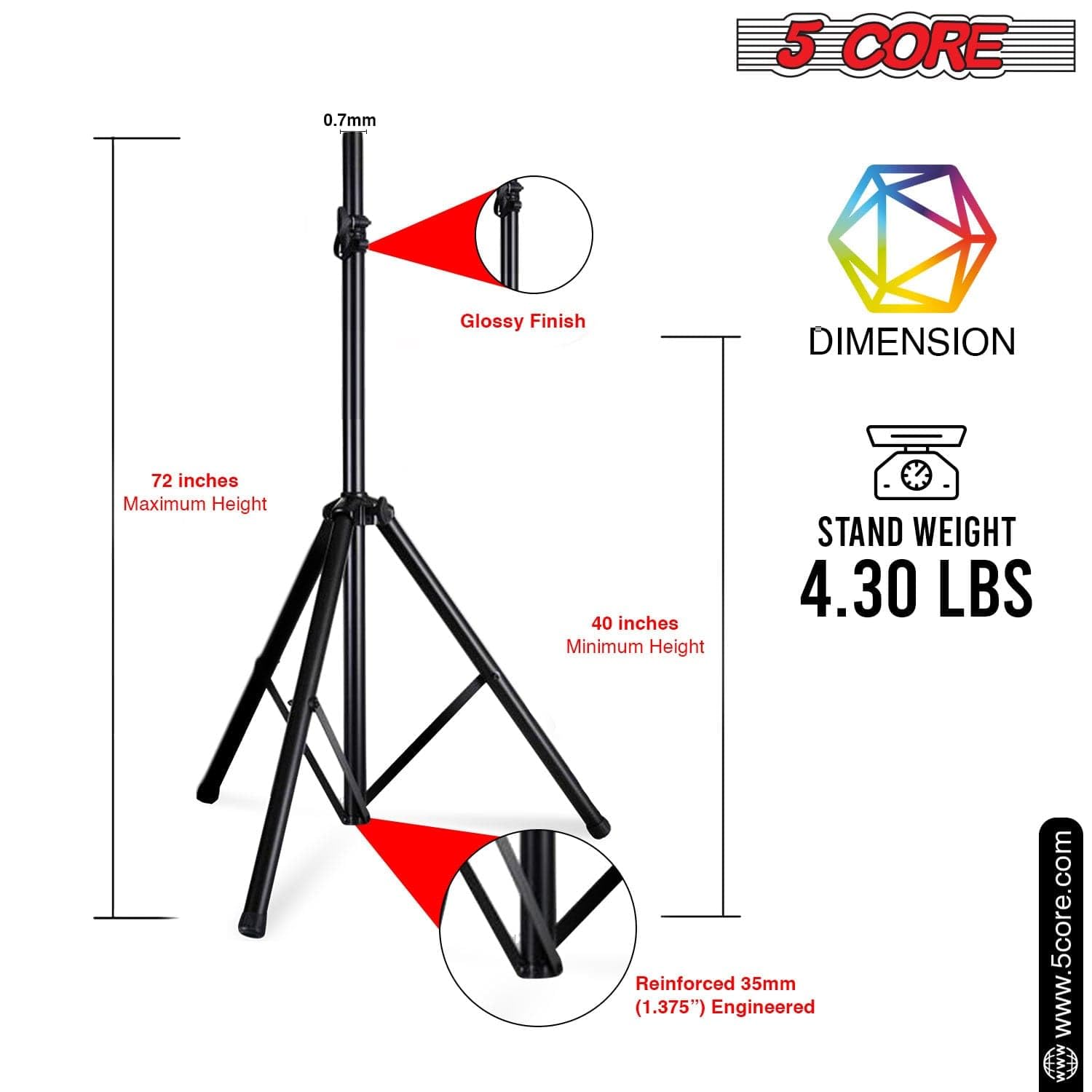 5 Core Adjustable Speaker Stand Tripod - Height 40 To 72 Inches, Max Load 100 Lbs Heavy Duty Portable Pa Dj Studio Monitor Mount