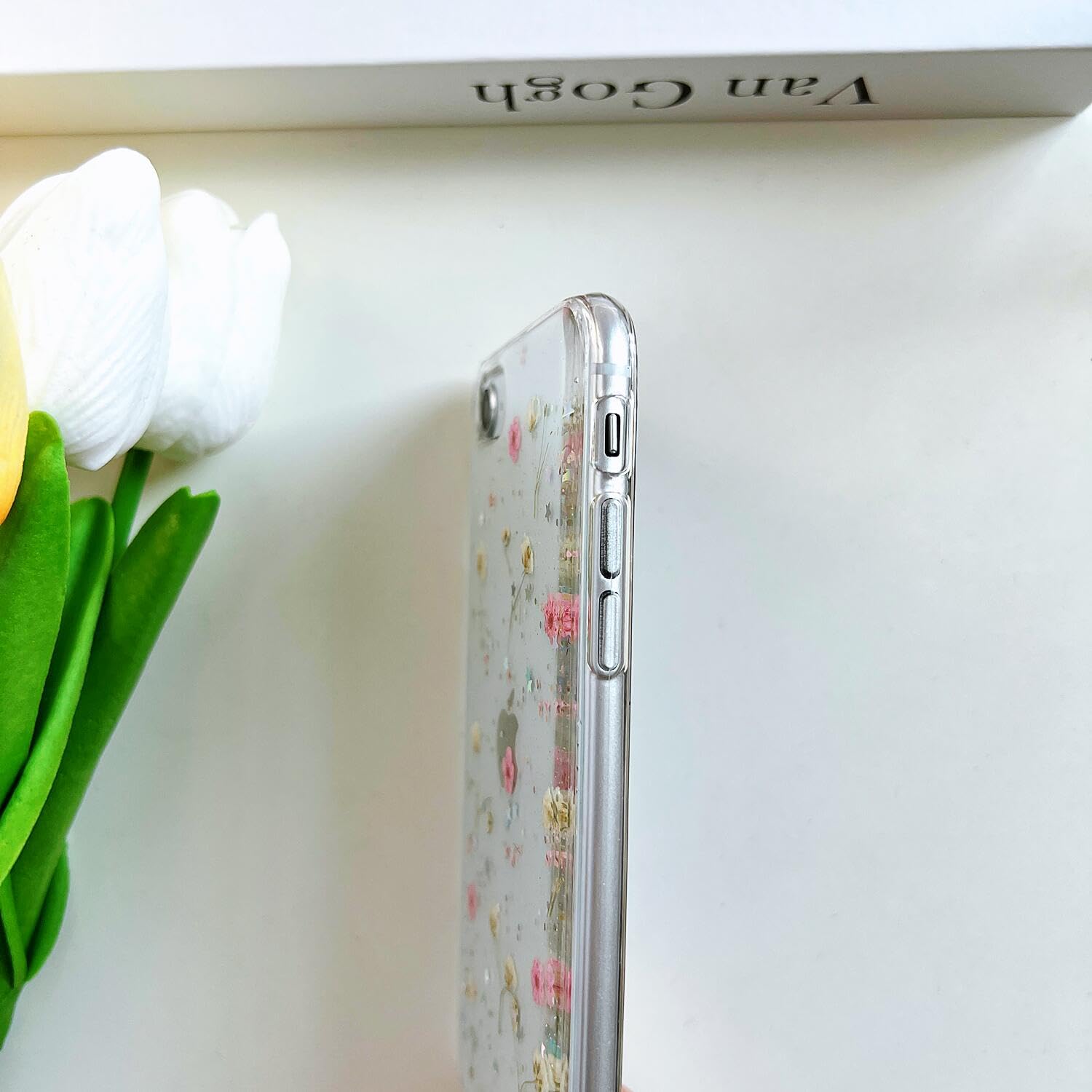 Lseeka For Iphone Se 2022/ Se 2020/8/7 Clear Case With Pressed Real Flowers Design,Glitter Cute Pink Floral Pattern Slim Soft Tp