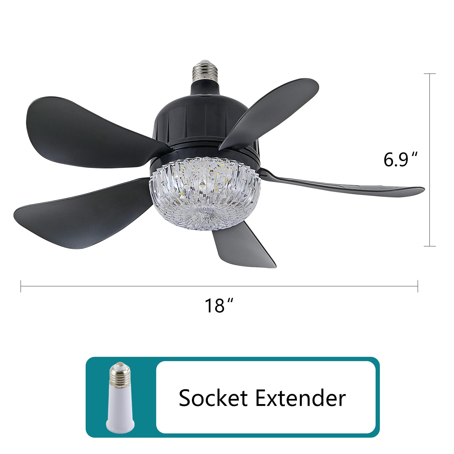 18'' Socket Fan Light With Remote, Dimmable Led Ceiling Fans With Lights, Screw In Socekt Fans And 1 Socket Extender, 3 Colors 3