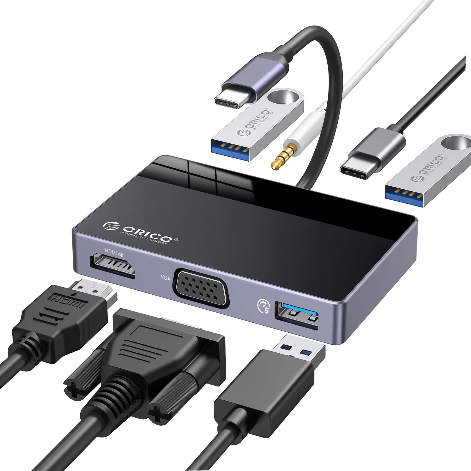 ORICO 7 in 1 USB C Hub USB C Multiport Adapter with 4K HDMI, VGA, 100W PD, 5Gbps USB A3.0�1, USB A2.0�2, 3.5mm Audio�1, USB C Dock for MacBook Pro/MacBook Air/Dell/HP/Lenovo