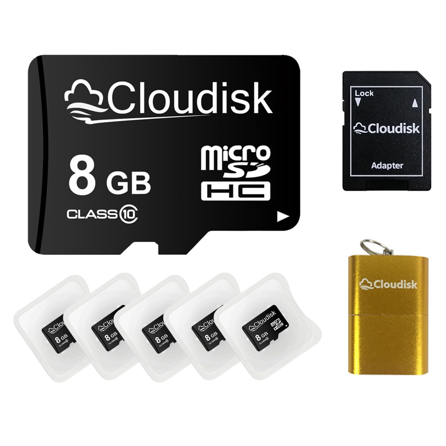 Cloudisk Pack Of 5 Micro Sd Card 8Gb Flash Memory Card Micro Sdhc C10 A1 U1 With Sd Adapter, Card Reader (8 Gb)