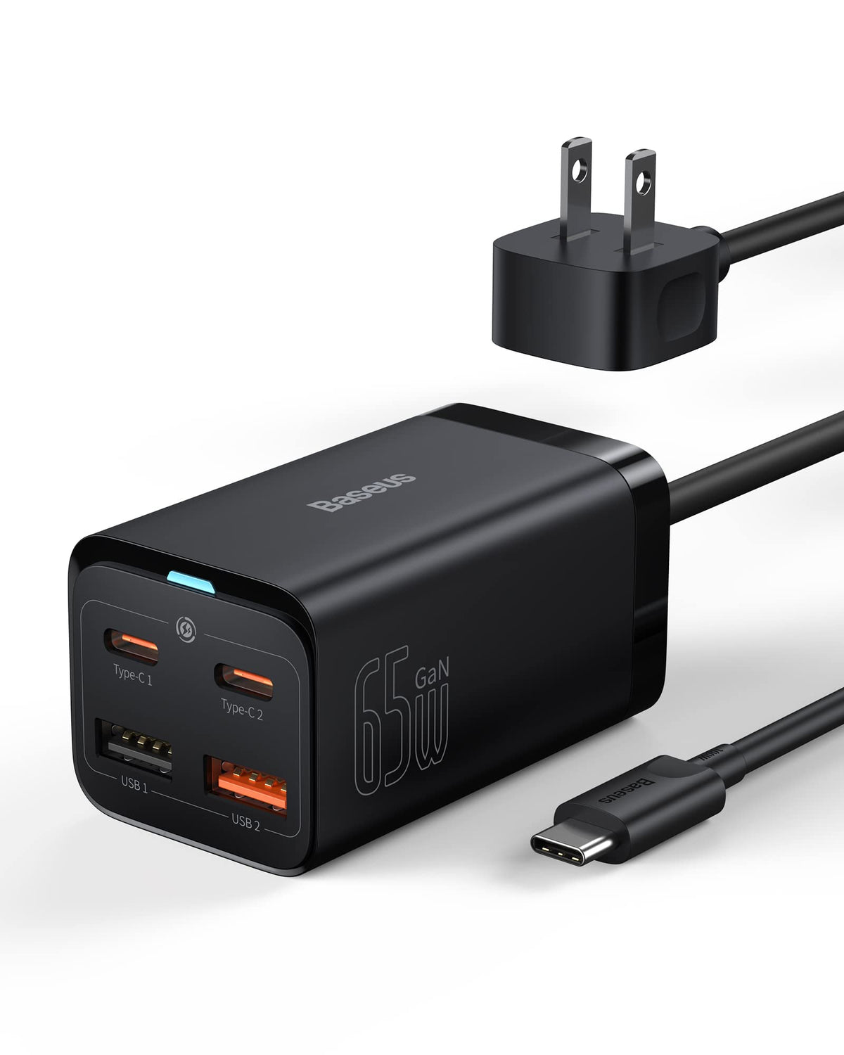 Usb C Charger, Baseus 65W Pd Gan3 Fast Wall Charger Block, 4-Ports [2Usb-C + 2Usb] Charging Station With 5Ft Extension Cord For Steam Deck, Macbook Pro, Iphone 15/14/13, Samsung Galaxy, Etc