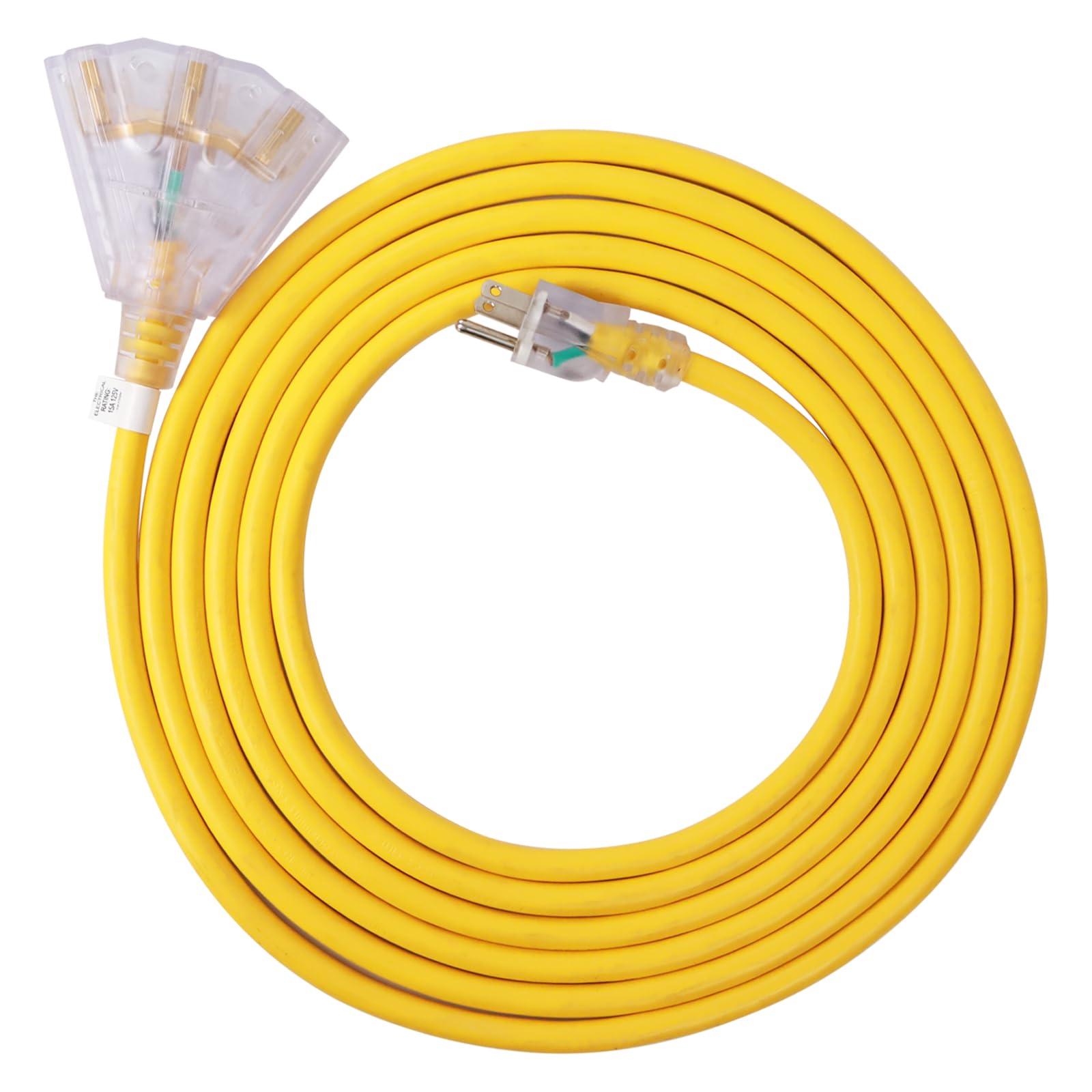 Ep 50 Ft Lighted Outdoor Extension Cord With 3 Electrical Power Outlets   14/3 Sjtw Heavy Duty Yellow Extension Cable With 3 Pro