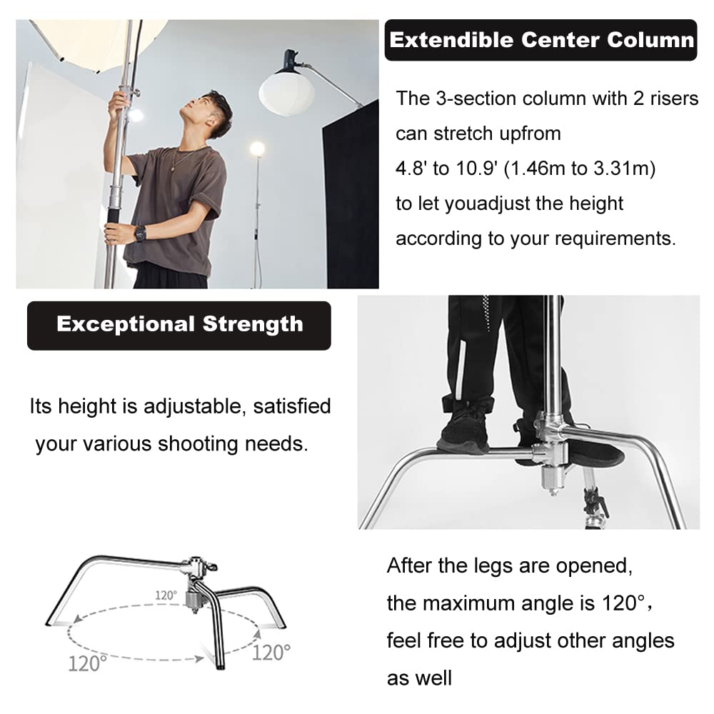 Heavy Duty C Stand 10.8Ft/330Cm With Holding Arm Carry Bag Sandbag 3*Clip 2*Grip Head Stainless Steel Photography Light Stand C
