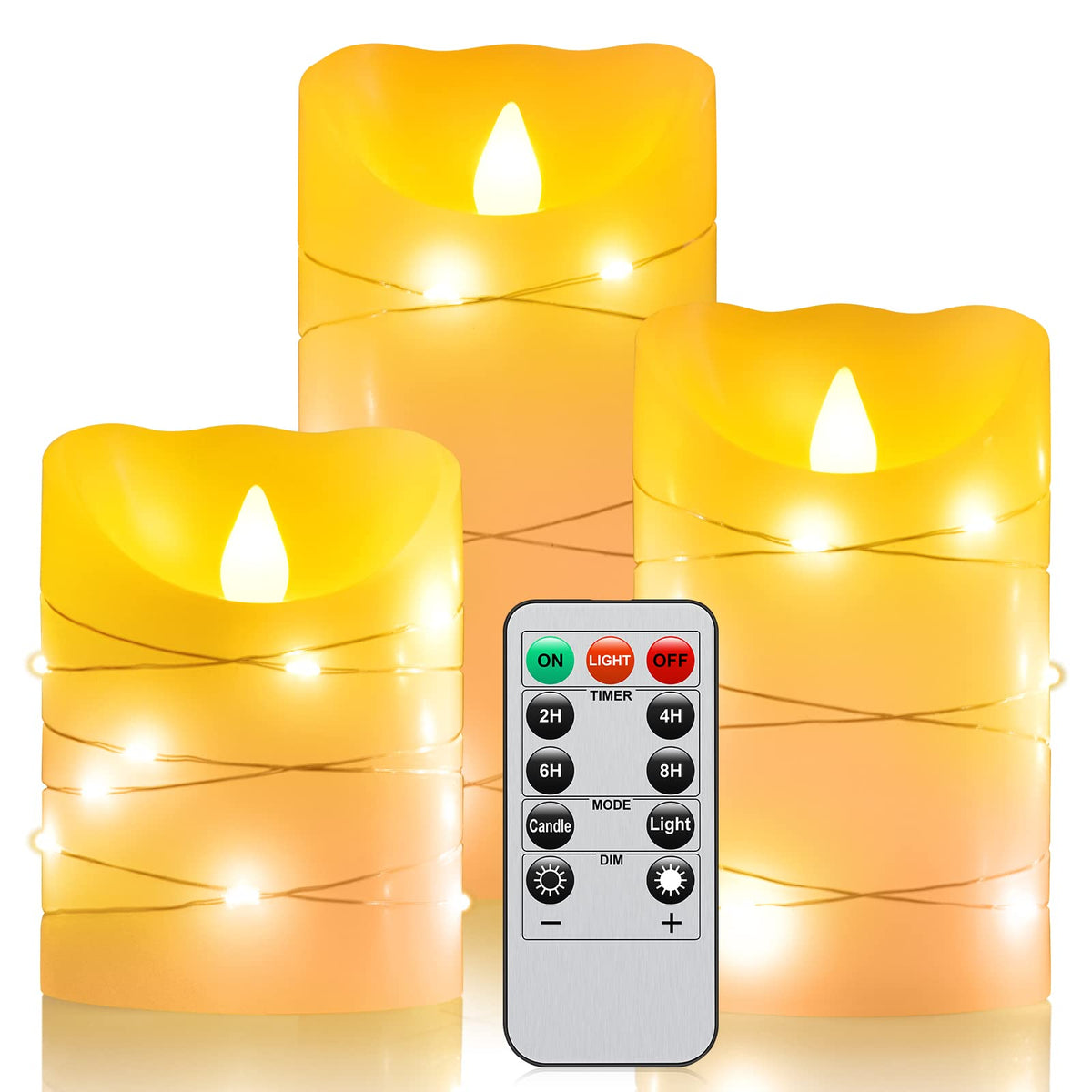 Flameless Battery Operated Led Candles With 11 Key Remote Control 24-Hour Timer Set Of 3, With Embedded String Lights Electric F