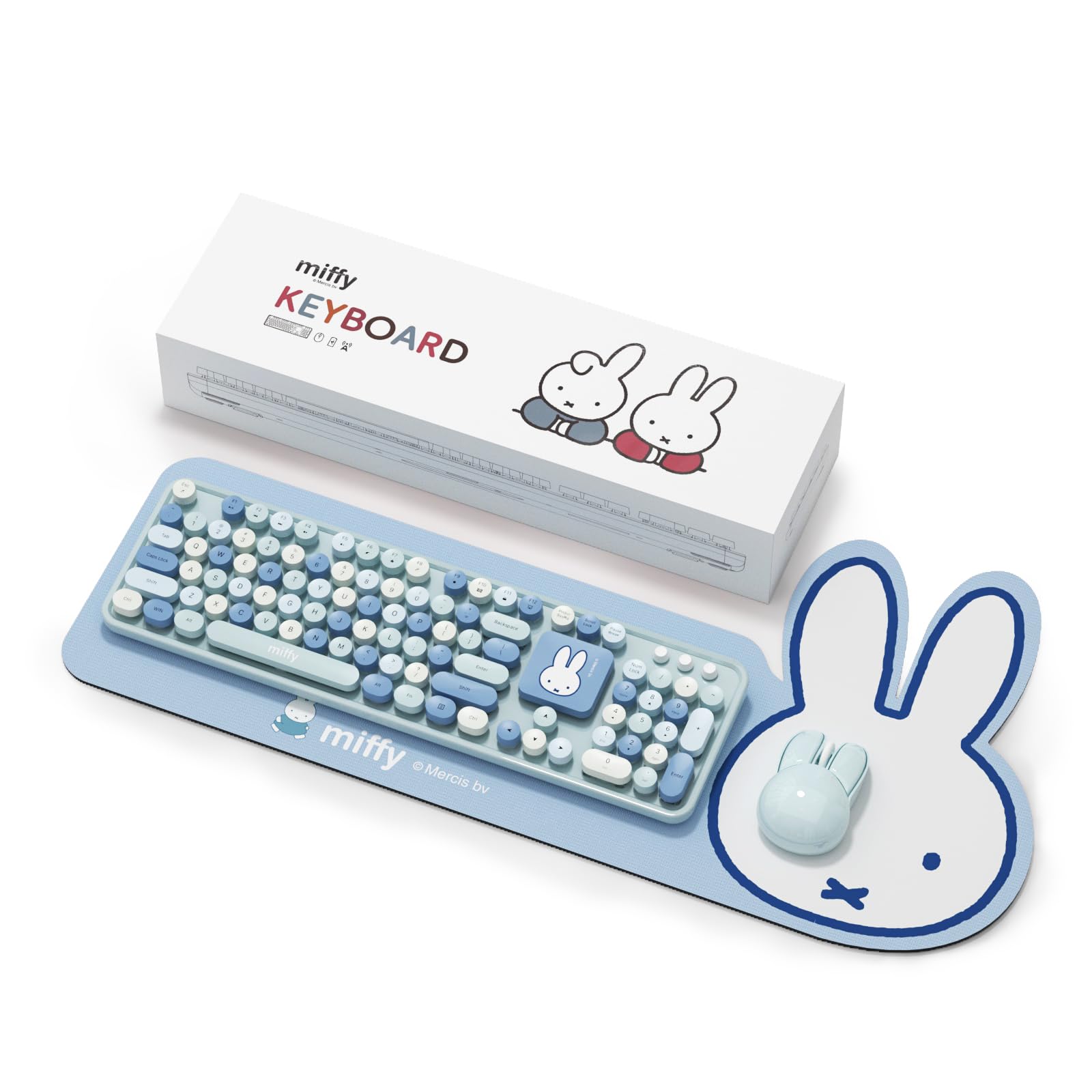 Miffy 104Key Wireless Keyboard & Mouse Combo with Large Light Blue Desk Pad  Ergonomic Computer Accessories for Office/Home, C