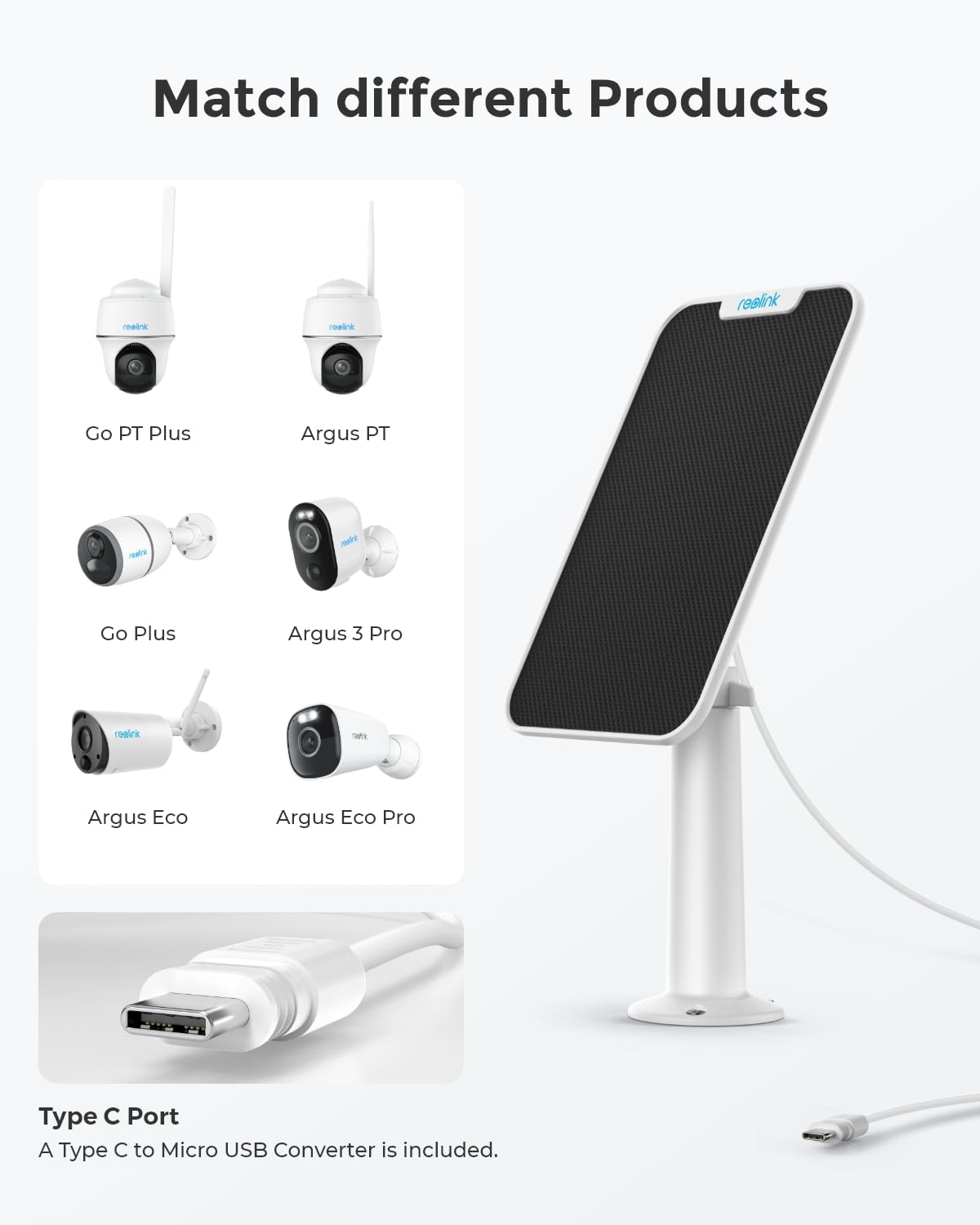Reolink 3W Solar Panel Power Designed For Wireless Outdoor Security Camera Solar Powered Cameras, 6V Type C Port, Compatible With Argus Eco/Go Pt Plus/Argus 3 Pro/Argus Pt, Non Stop Charging (White)