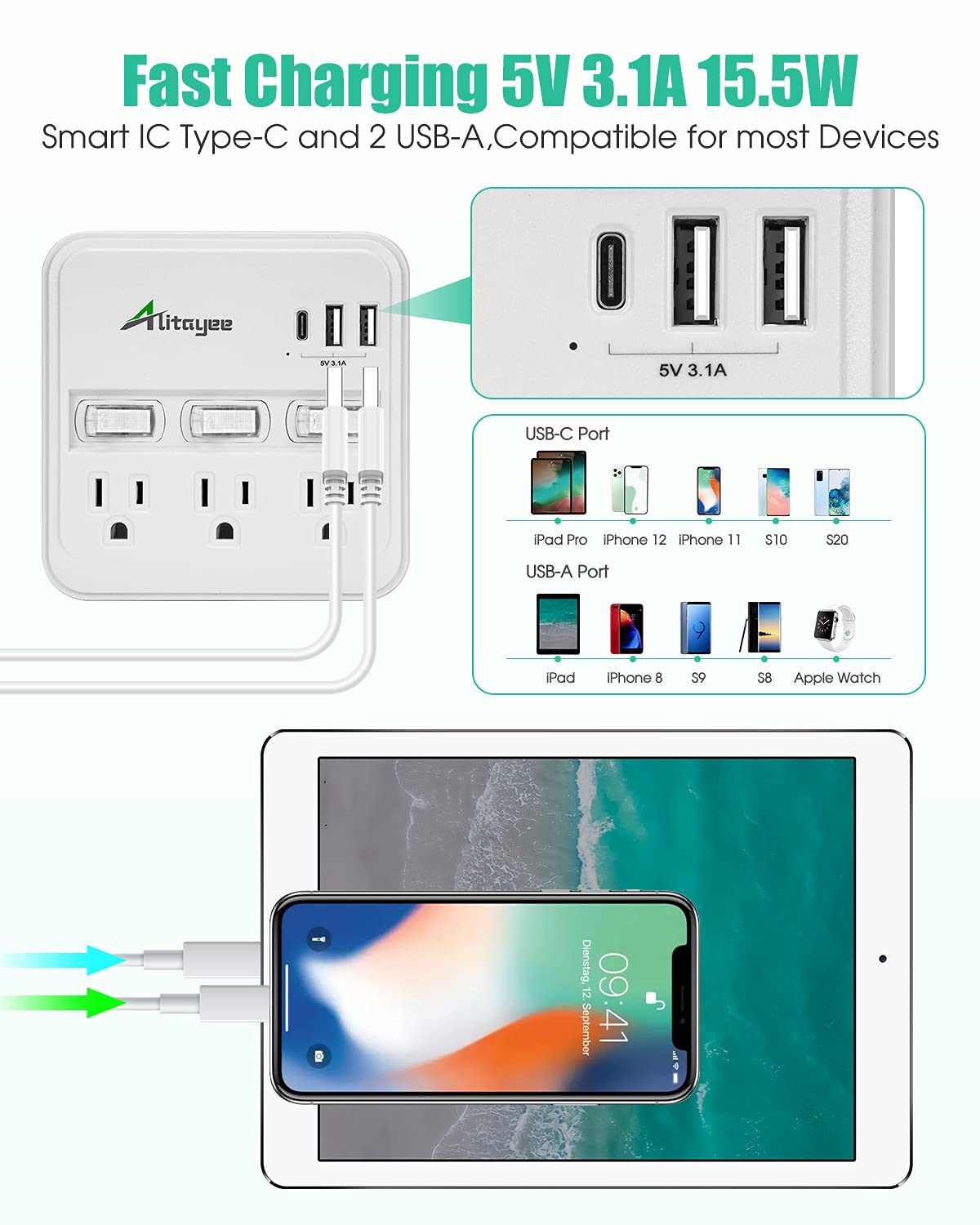 Alitayee Wall Outlet Extender Surge Protector, Usb Power Strips With Individual Switches And 15.5W Type C Fast Charging Ports Fo