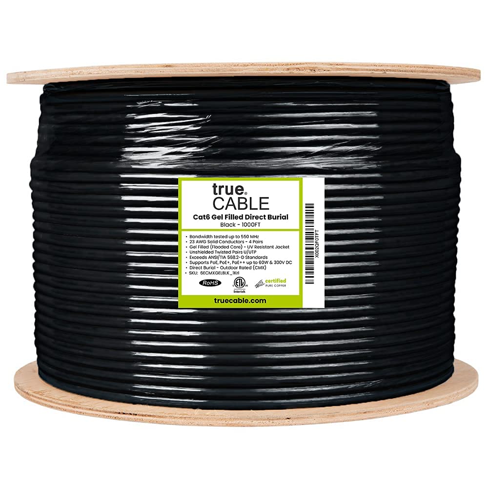 Truecable Cat6 Direct Burial, Gel Filled, 1000Ft, Black, Waterproof, Cmx, 23Awg Solid Bare Copper, 550Mhz, Poe++ (4Ppoe), Etl Listed, Unshielded Utp, Bulk Ethernet Cable