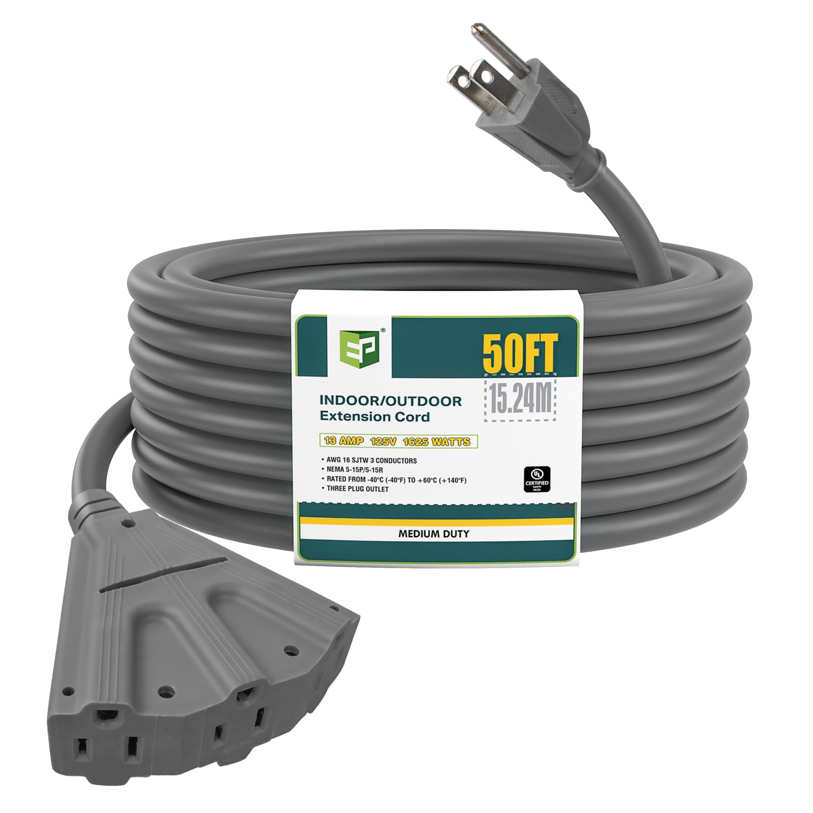 Ep 50 Ft Outdoor Extension Cord With 3 Electrical Power Outlets   16/3 Sjtw Grey Cable With 3 Prong Grounded Plug For Safety Gre