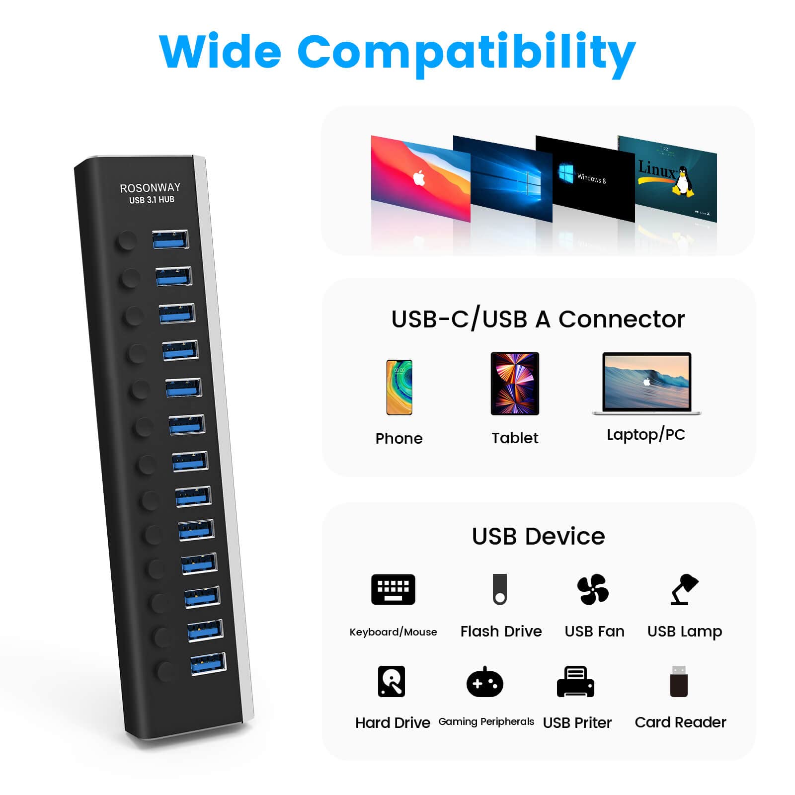 Powered Usb Hub Rosonway Aluminum 13 Port Usb 3.1/3.2 Gen 2 Hub 10Gbps With 72W (12V/6A) Power Adapter And Individual Switches,