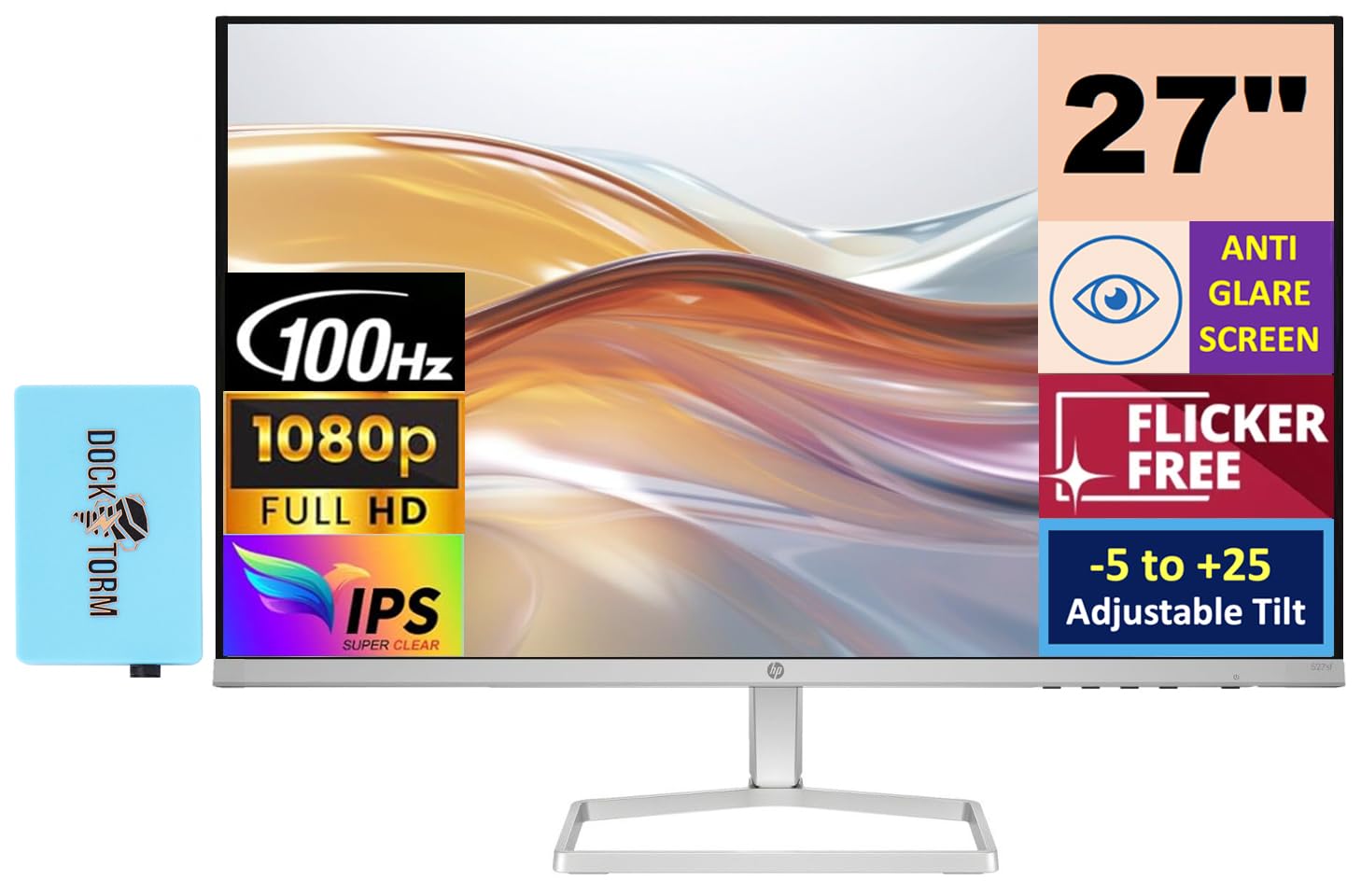 Hp 27'' 100Hz 300 Nits Ips Fhd (1920X1080) Monitor (Replaces M27F) W/Docztorm Hub Usb Port Expander, Flicker-Free, Adjustable Ti