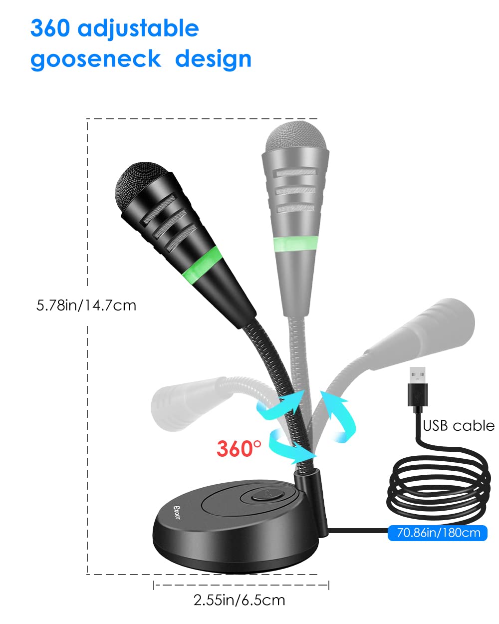 Etour Little Usb Computer Microphone, Plug &Play Desktop Cardioid Condenser External Microphone For Laptop, Mute Button With Led Indicator, For Windows/Mac, Skype, Recording, Games/Zoom Meetings