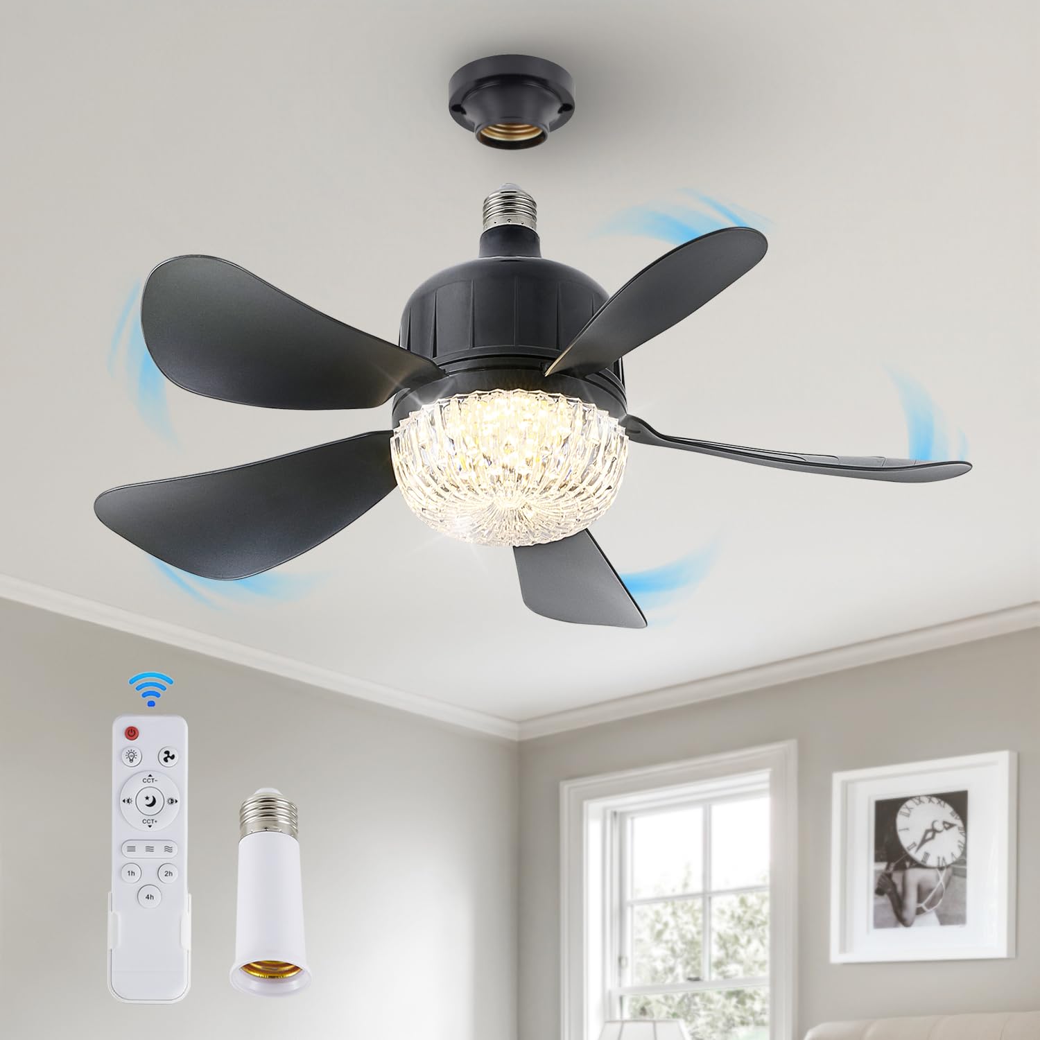 18'' Socket Fan Light With Remote, Dimmable Led Ceiling Fans With Lights, Screw In Socekt Fans And 1 Socket Extender, 3 Colors 3