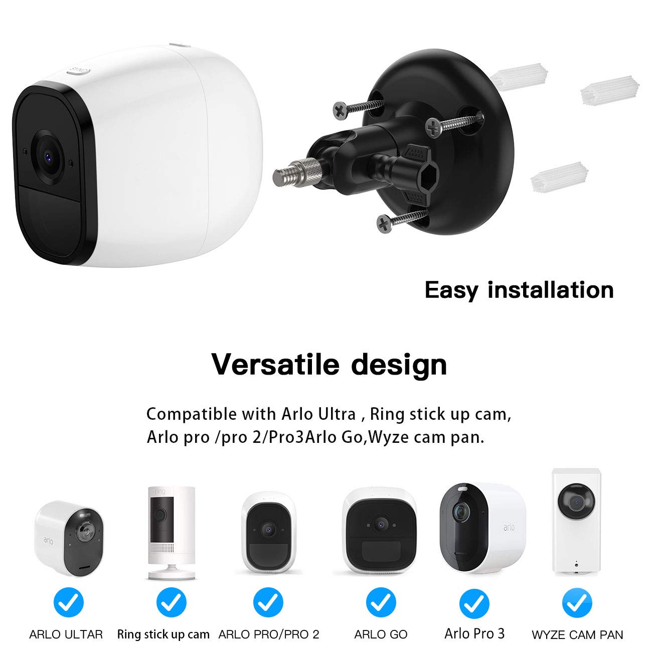 Koroao ?Upgraded Version? Indoor/Outdoor Security Wall Mount For All Arlo Camera, Arlo Ultra, Arlo Essential, Wyze Cam Pan, Eufycam 2   More Stable And Flexible Arlo Accessories (2Pack, Black)