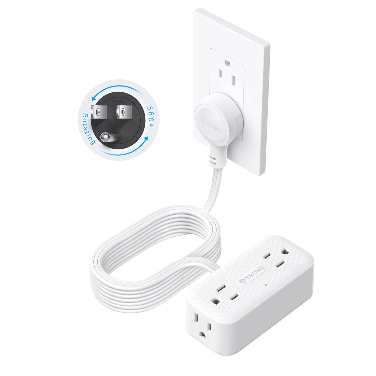 Trond 360 Rotating Plug 10Ft Extension Cord, 4 Widely Spaced Ac Outlets, Flat Plug Surge Protector, Wall Mount, Surge Protection