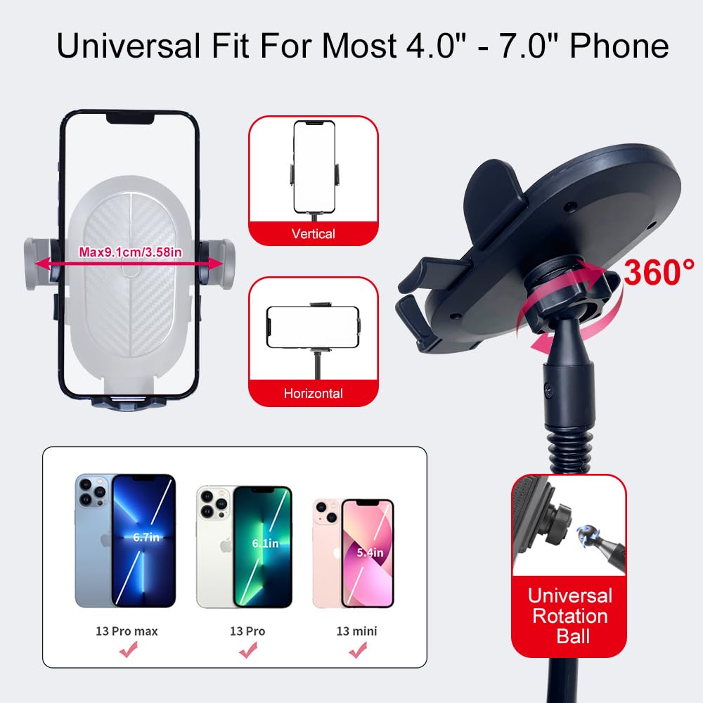 Jinkey Dual Cup Phone Holder For Car, 360Rotatable Car Phone Mount Adjustable Gooseneck Cell Phone Cup Holder Universal Fits For