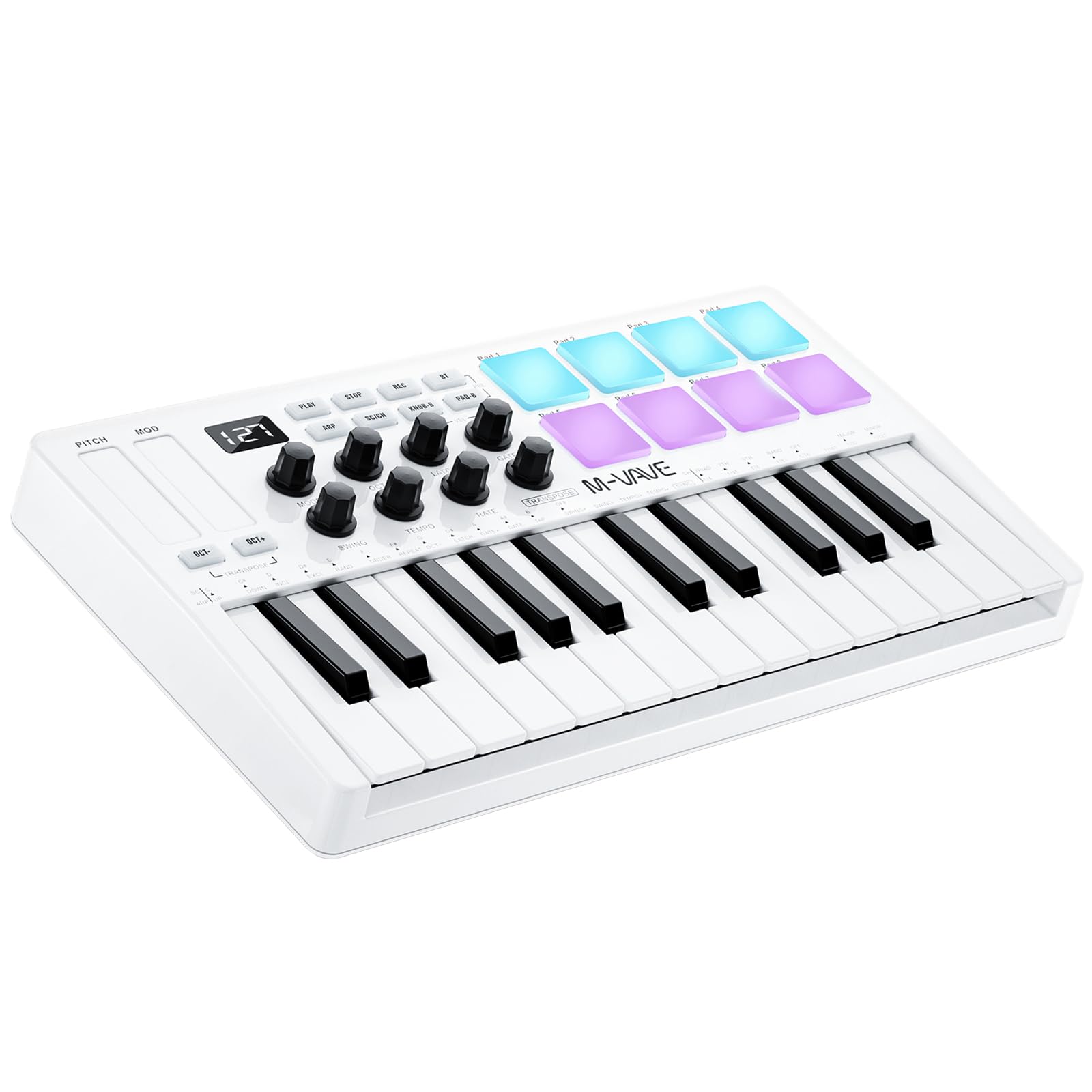 M Wave 25 Key Usb Midi Keyboard Controller With 8 Backlit Drum Pads, Bluetooth Semi Weighted Professional Dynamic Keybed 8 Knobs