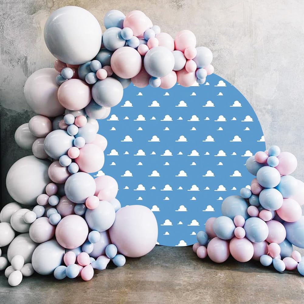 Renaiss 6X6Ft Blue Sky White Cloud Round Backdrop Cover Boy Story Cartoon Toy Theme Circle Photography Background Kids Hero Newb