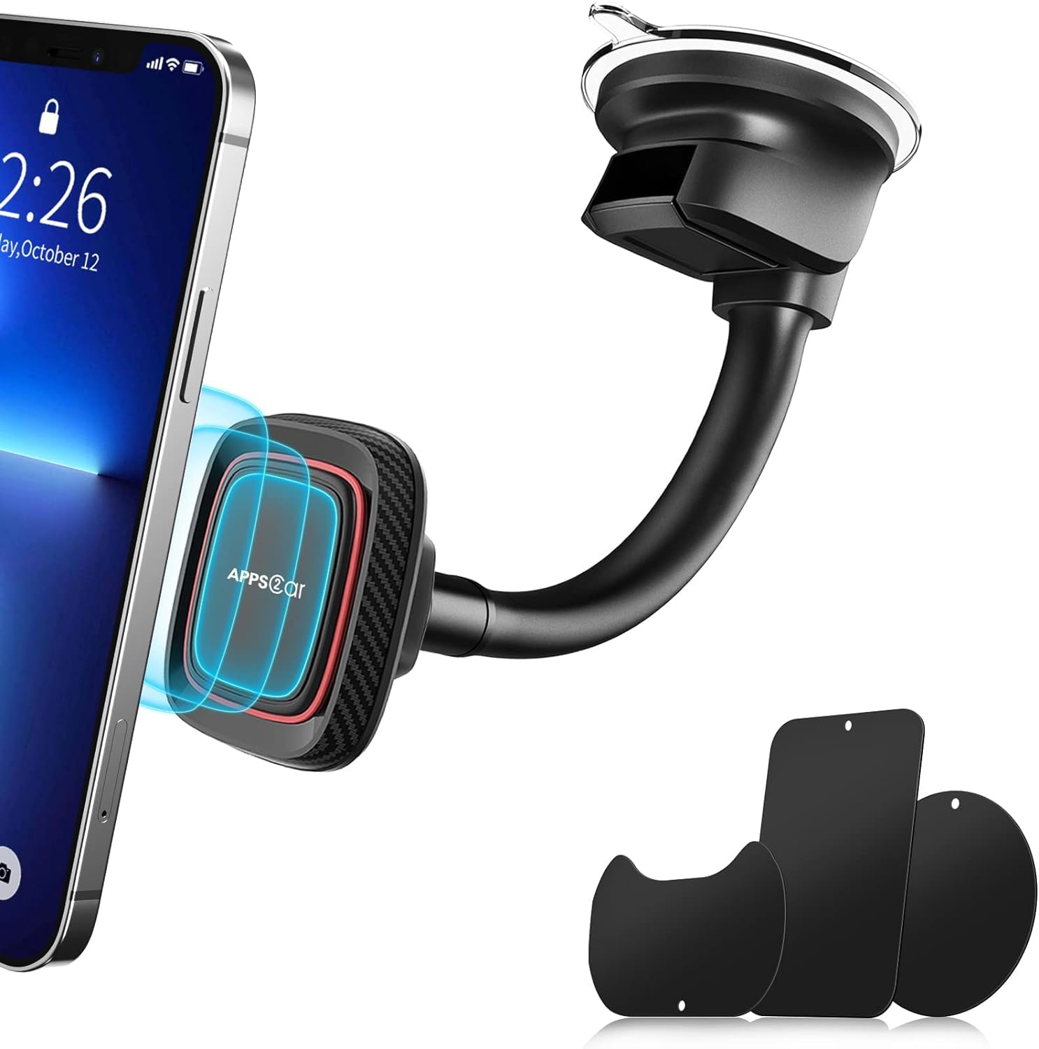 Apps2Car Magnetic Car Phone Holder Mount [6 Strong Magnets], Cell Phone Holder Car [Suction Cup], Phone Car Holder Mount [Windshield Dashboard] Fit For Most Smartphones & Mini Tablets