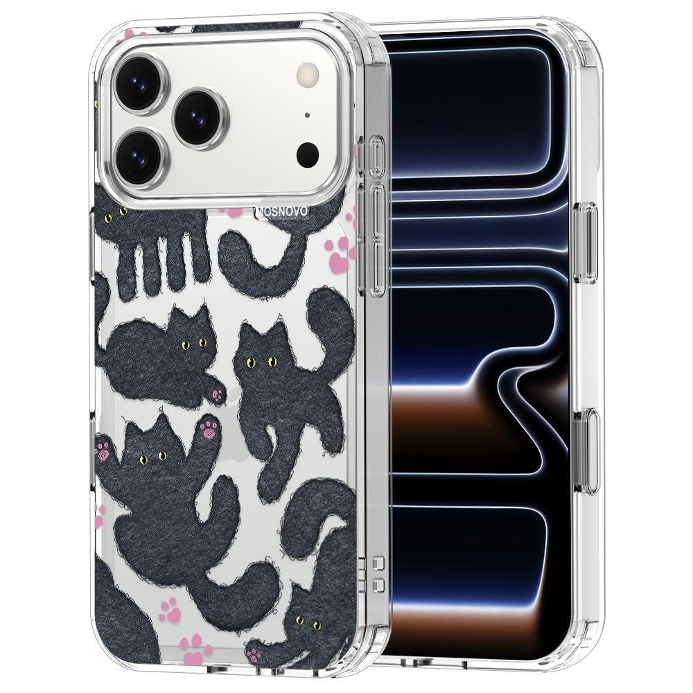 MOSNOVO for iPhone 17 Pro Max Case | Military Grade 6.6ft Drop Tested | Camera Control | Clear with Black Fluffy Cat Design