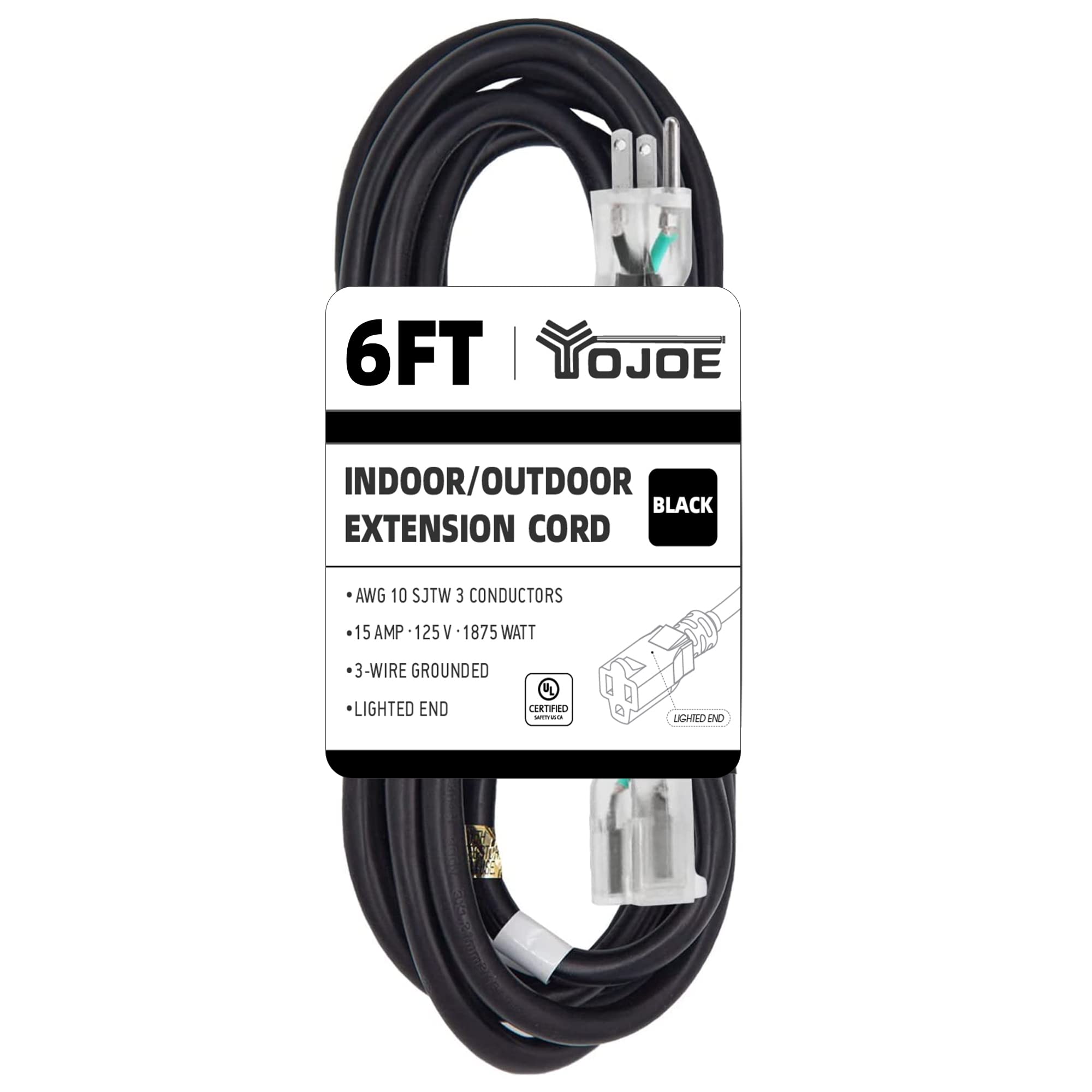 Yojoe Indoor Outdoor Extension Cord With Lighted End, 3 Prong 15A Weatherproof Power Extension Cord, 10 Gauge Heavy Duty 6 Ft Bl