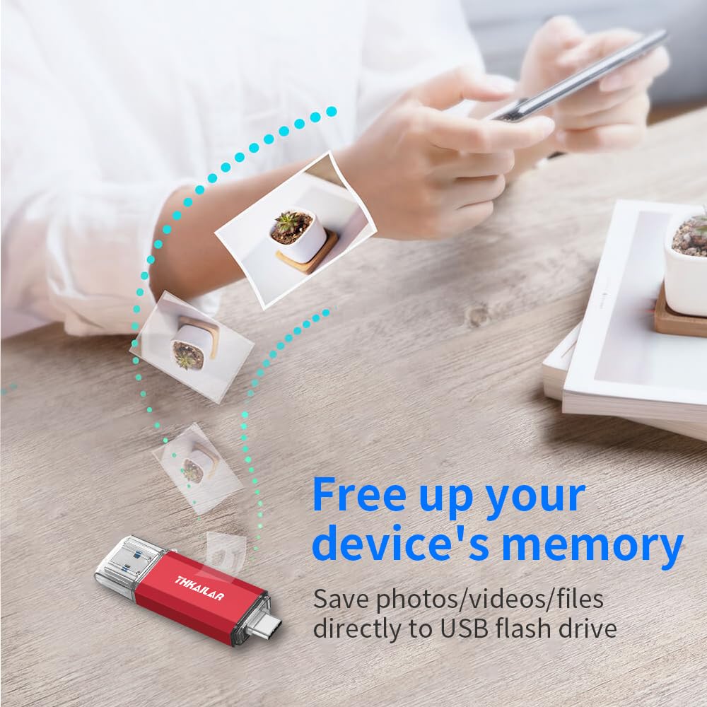 THKAILAR 512GB USB Flash Drive, 2-in-1 OTG Type A & C, Red, Model T3-512-R, Compatible with iPhone 15, Android,