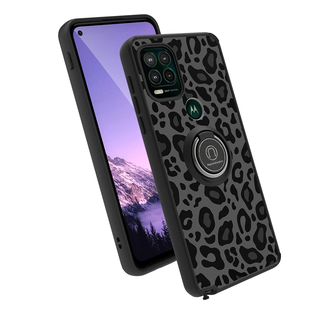 KANGHAR Phone Case for Moto G Stylus 5G 2021 Shockproof Leopard Design with Ring Holder Kickstand TPU PC Black