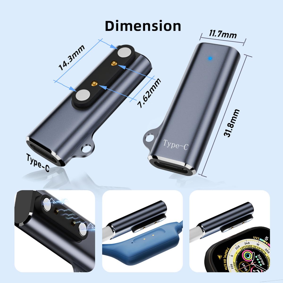 Cy 2Pcs/Lot Magnetic Smart Watch Charging Adapter Usb Type-C To Pitch 7.62Mm With 2-Pin 4-Pin Compatible With Bone Conduction He