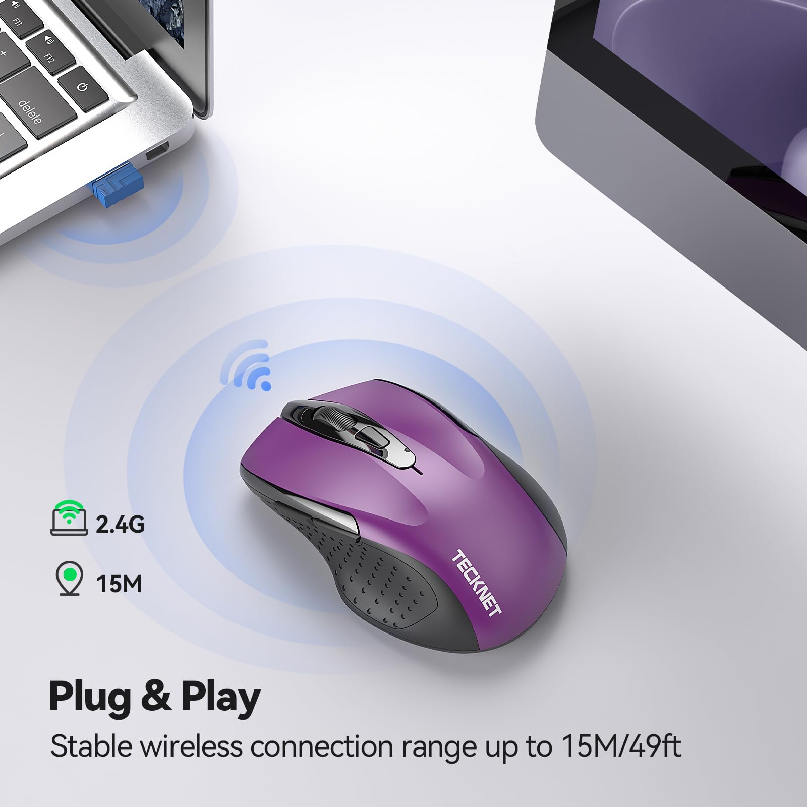 TECKNET Wireless Mouse - Silent Click, 6 Adjustable DPI up to 4000, 2.4G Connection, Ergonomic Design, Purple for Laptop and PC