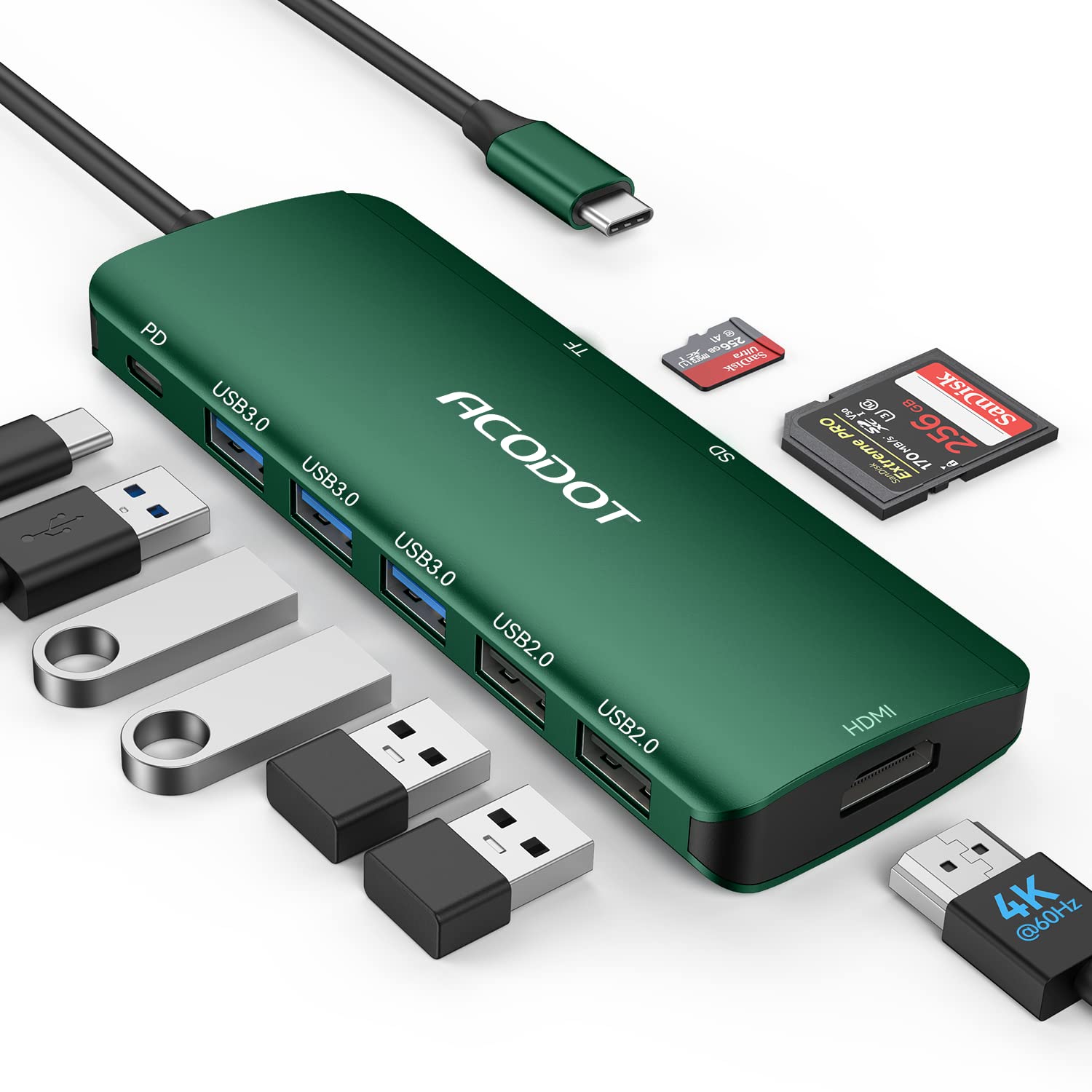 Usb C Hub, Acodot 9 In 1 Usb C To 4K@60Hz Hdmi Multiport Adapter, 3 Usb 3.0 Ports, Sd/Tf Card Reader, 100W Pd, Usb C Hub Multipo