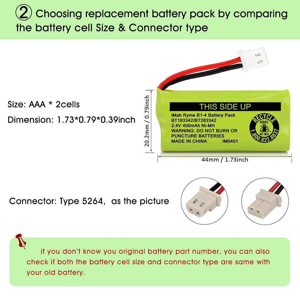Imah Bt183342/Bt283342 2.4V 400Mah Ni Mh Battery Pack Compatible For Bt166342/Bt266342 Bt162342/Bt262342 2Sn Aaa40H S X2, Pack O