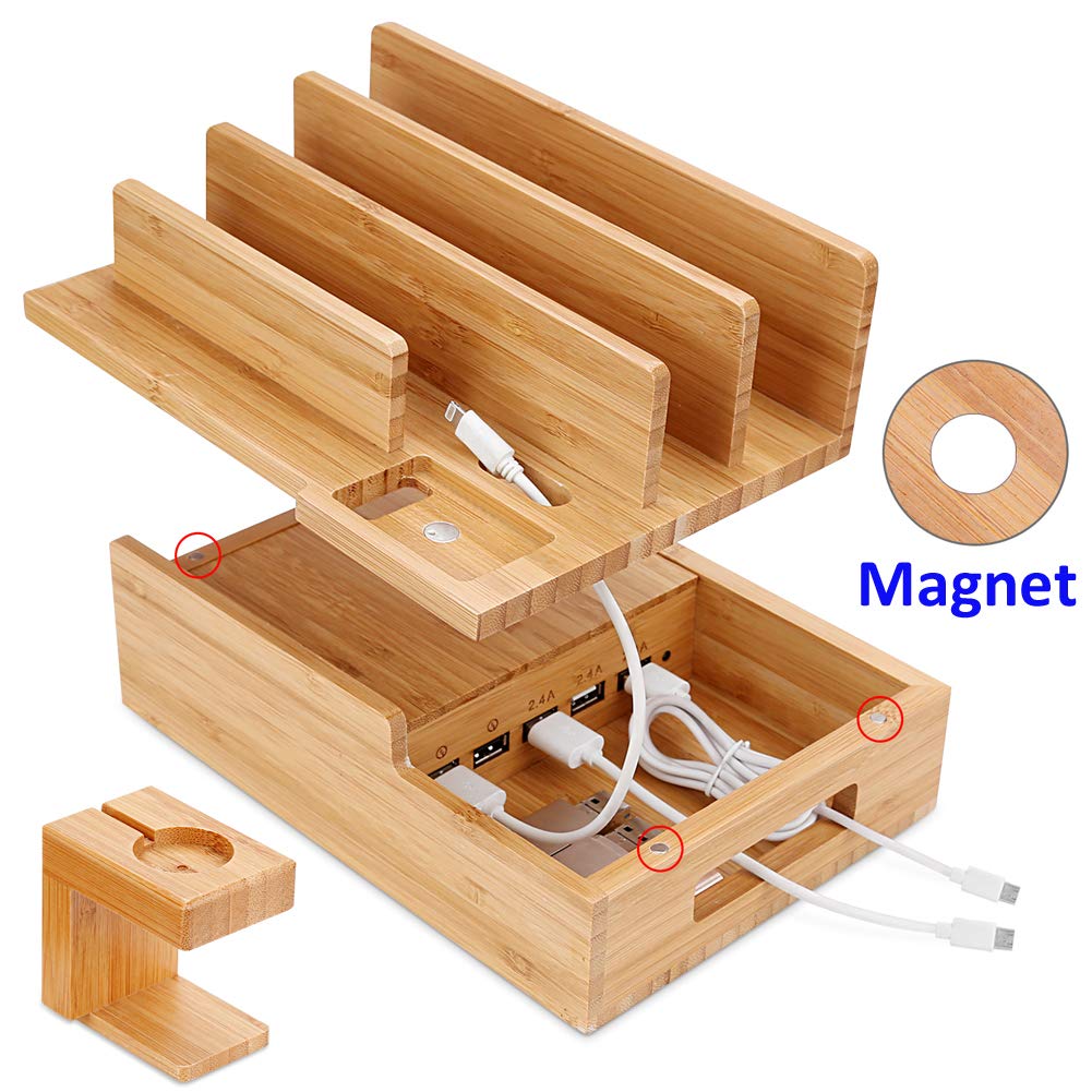 Othoking Charging Station Organizer,Fast Charging Station For Multiple Device 5 Port Usb Bamboo Wood Charging Dock,Universal App