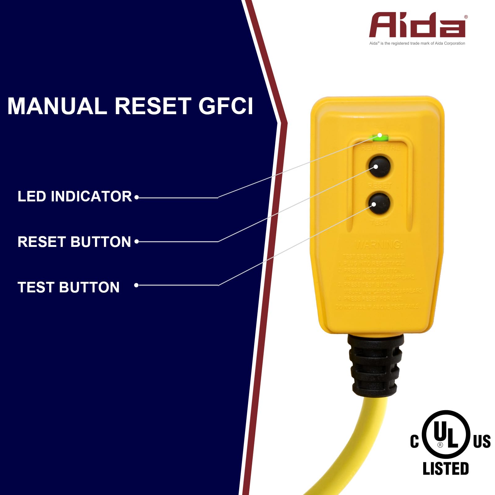 Aida 2Ft Auto Reset 12/3 Gauge Sjtw Heavy Duty Gfci Extension Cord With 3 Prong Grounded Plug, 15 Amp Yellow Outdoor Extension C