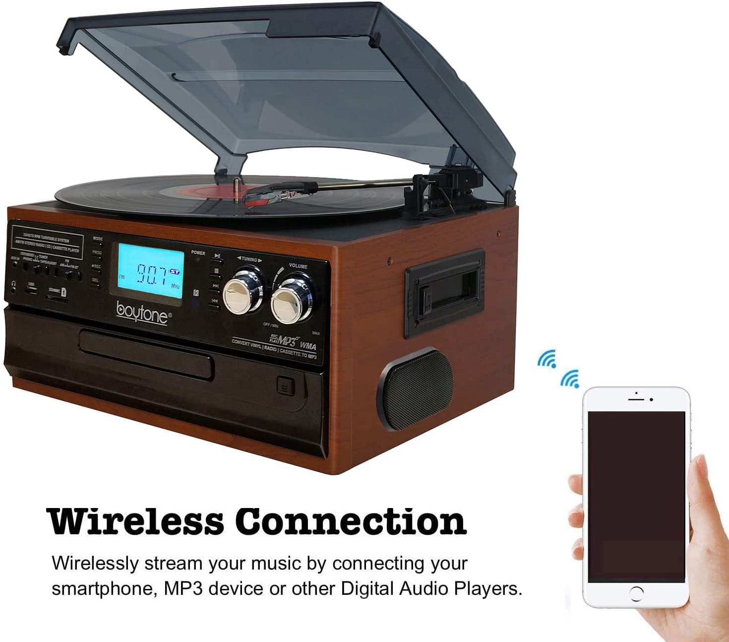 Boytone Bt 22Ms, Bluetooth Record Player Turntable, Am/Fm Radio, Cassette, Cd Player, 2 Built In Speaker, Ability To Convert Vin