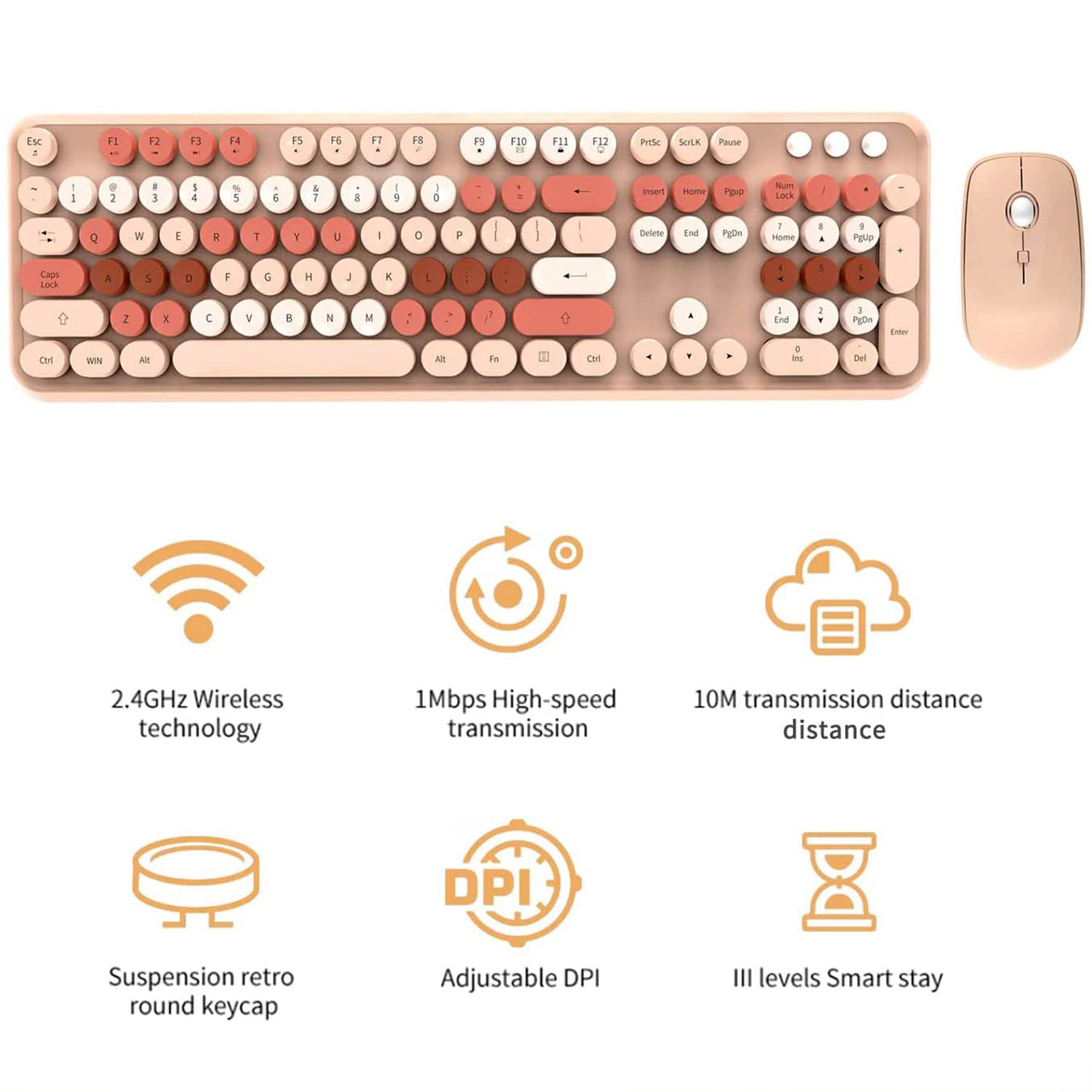 FOPETT V2020 Wireless Keyboard and Mouse Set 2.4 GHz Milk Tea