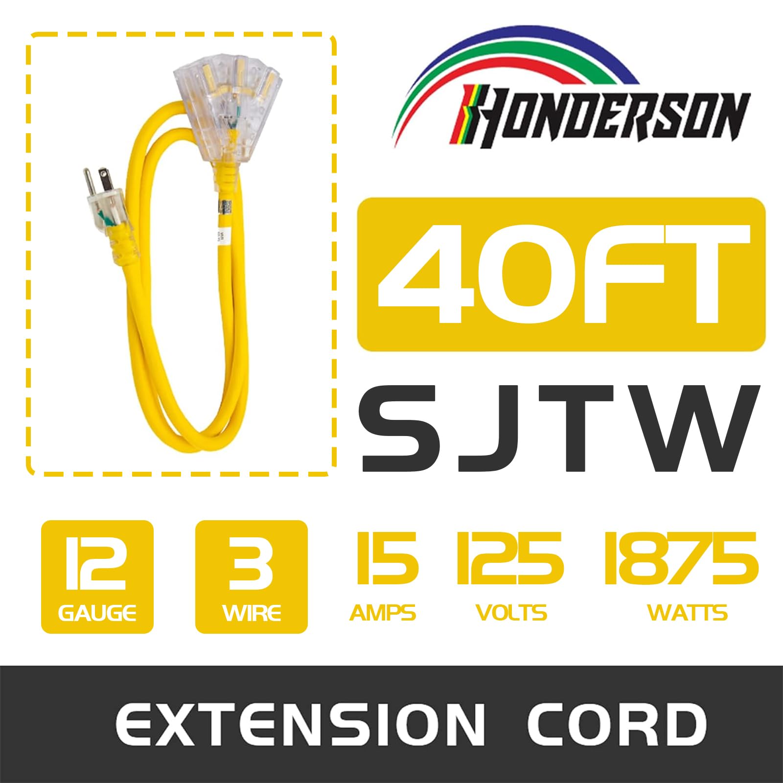 Honderson 3 Outlets Indoor Outdoor Extension Cord Weatherproof With Lighted End, Ul Listed, 12 Gauge 40Ft Yellow 3 Prong Heavy D
