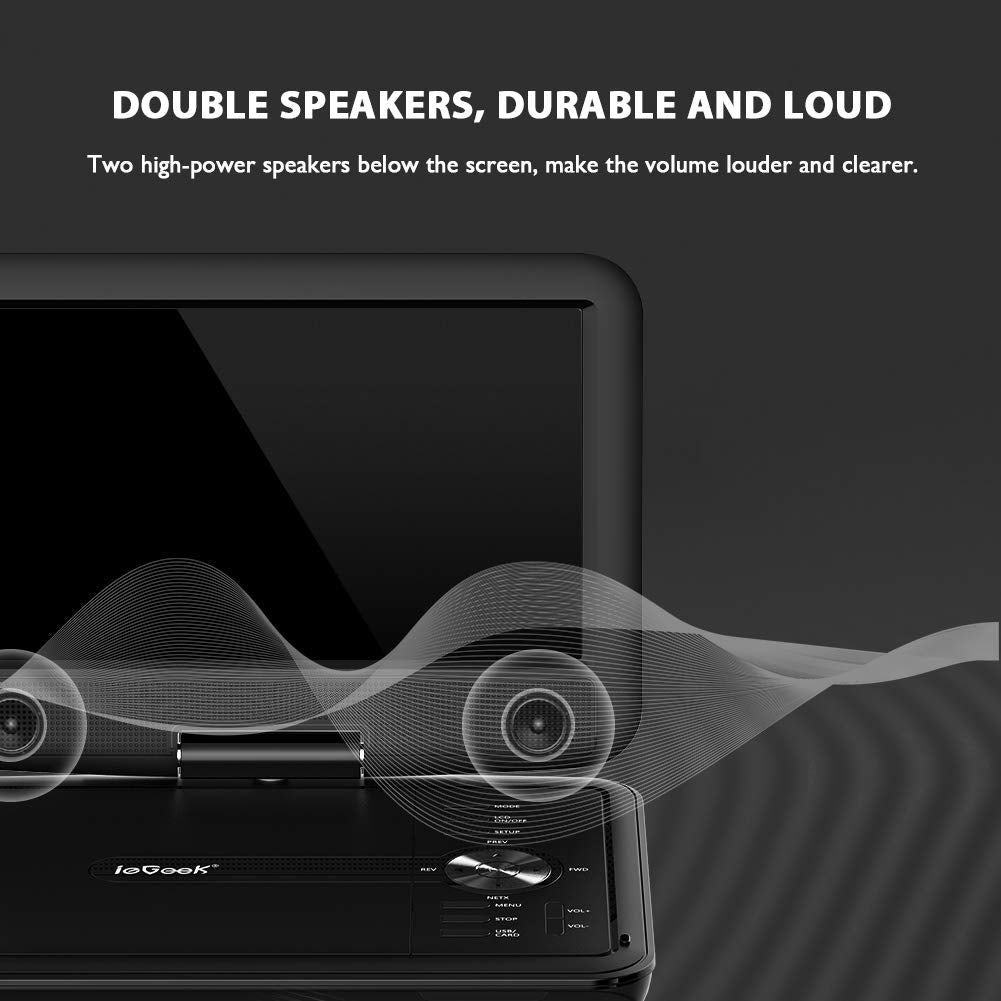 Iegeek 11.5' Portable Dvd Player For Kids And Car, 9.5' Eye Protective Screen With 5 Hours Rechargeable Battery, Support Sync Tv/Usb/Sd Card And Multiple Disc Formats, Regions Free   Black