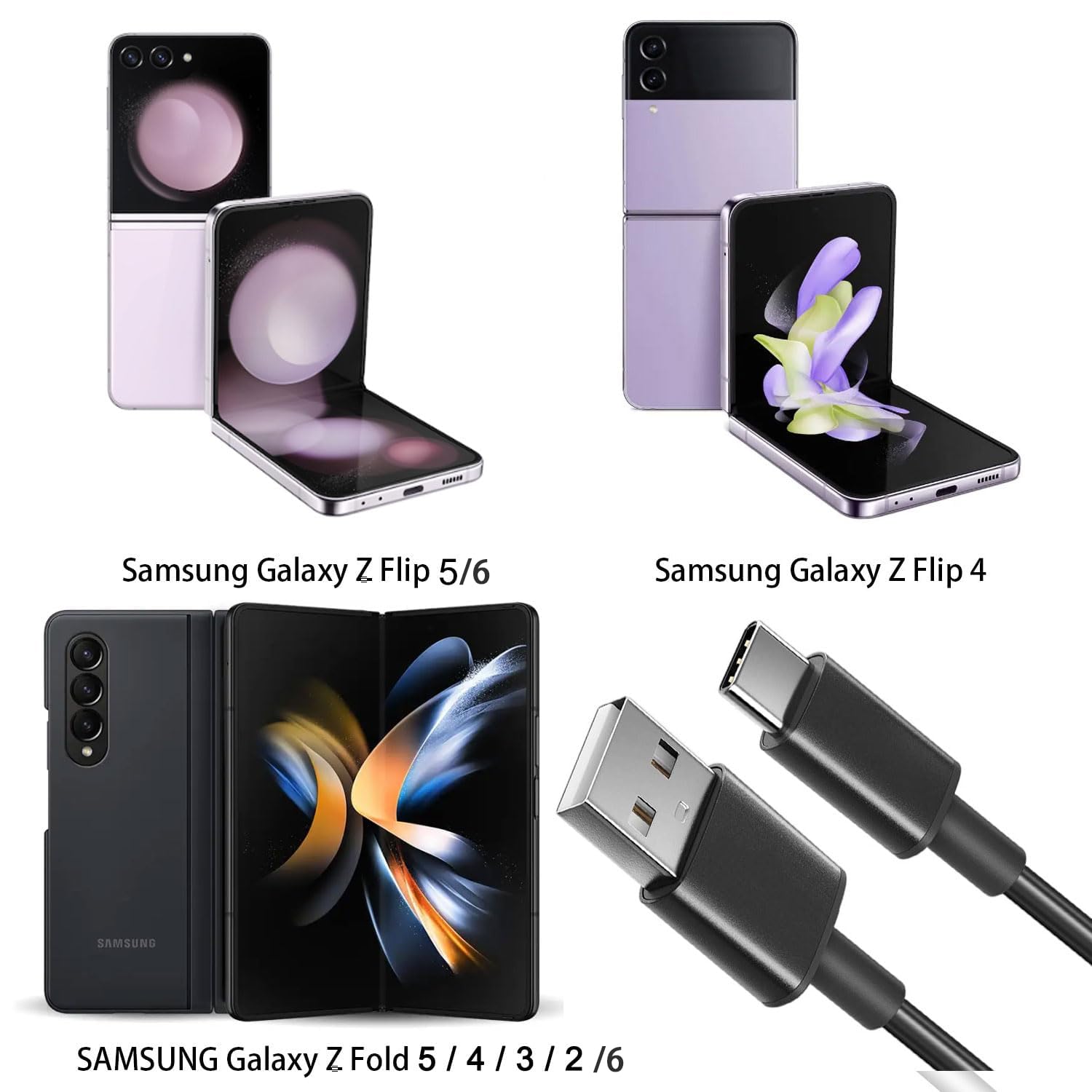 Usb C Charger Cable For Samsung Galaxy Z Flip 6, Flip 5, Flip 4, Flip 3, Flip 2, Samsung Galaxy Z Fold6, Fold 5, Fold 4, Fold 3,