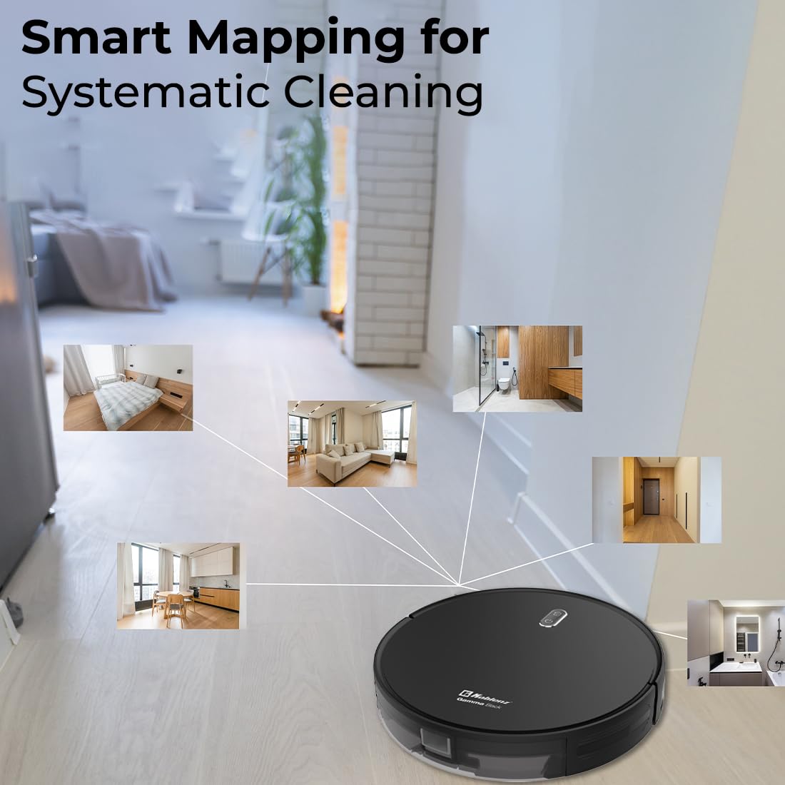Koblenz Gamma Black Robot Vacuum Wi Fi Connectivity, Smart Mapping Technology With Systematic Cleaning Pattern, Compatible With Alexa, Google, Good For Pet Hair, Carpets, Hard Floors, Self Charging