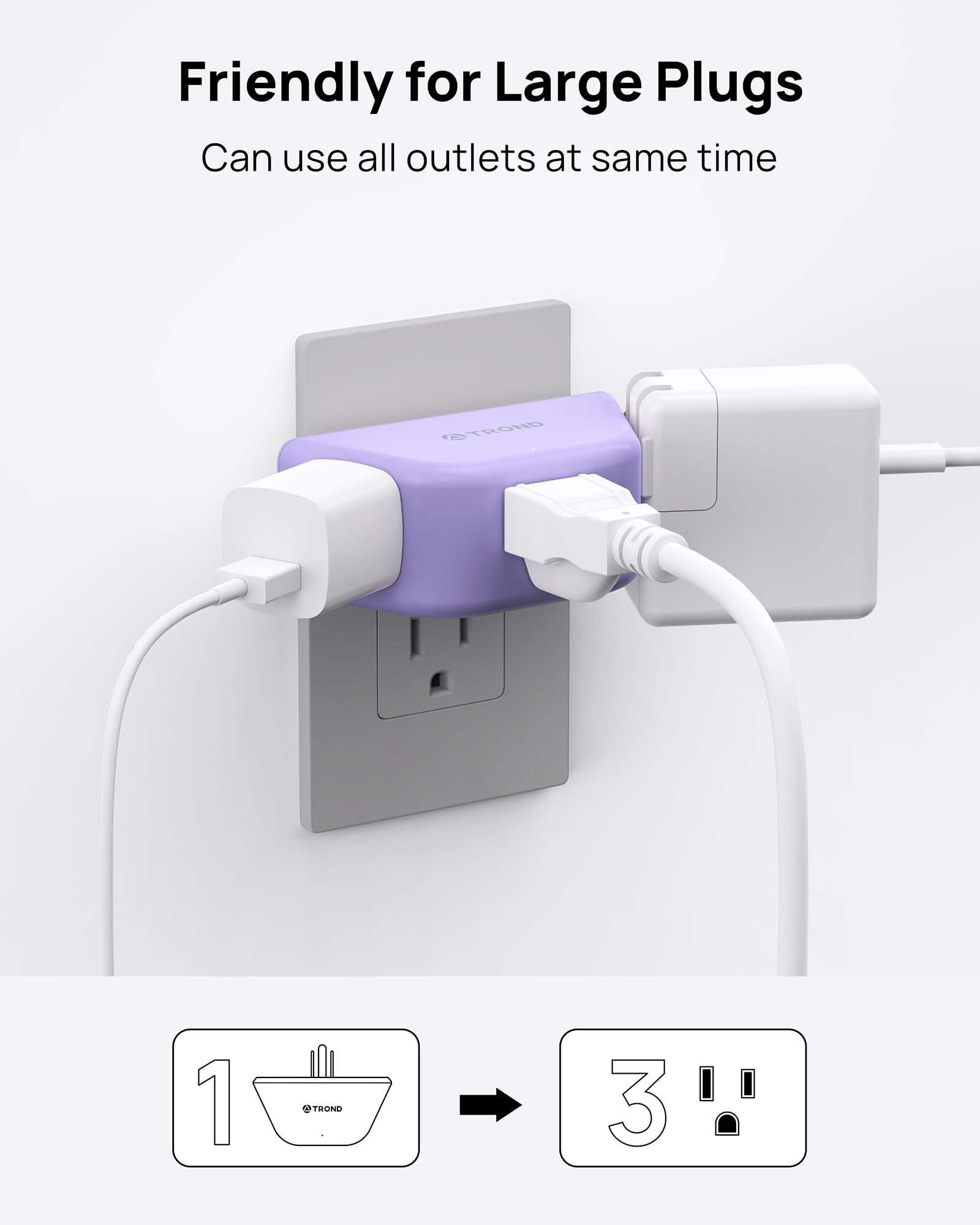 Trond Purple Outlet Extender   Plug Splitter With 3 Prong Grounded Sockets, 3 Way Angled Outlet Adapter, Wall Plug Expander, Cru