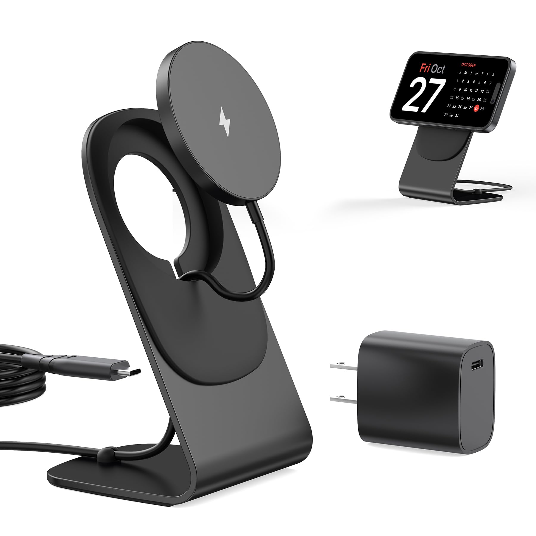 Magnetic Wireless Charger With Aluminum Charging Pad Stand Compatible With Iphone 16/15/14/13/12 Series,20W Pd Charger&5Ft Cable