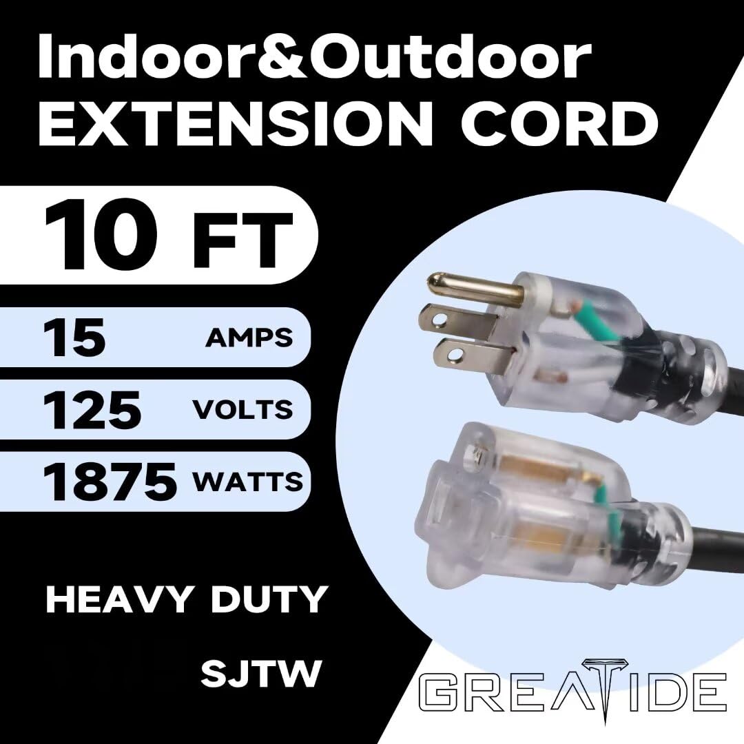 Greatide Outdoor Extension Cord With Lighted End, 12 Gauge Heavy Duty 10 Ft, 3 Prong Grounded 15 Amp, 12/3 Sjtw Waterproof Power