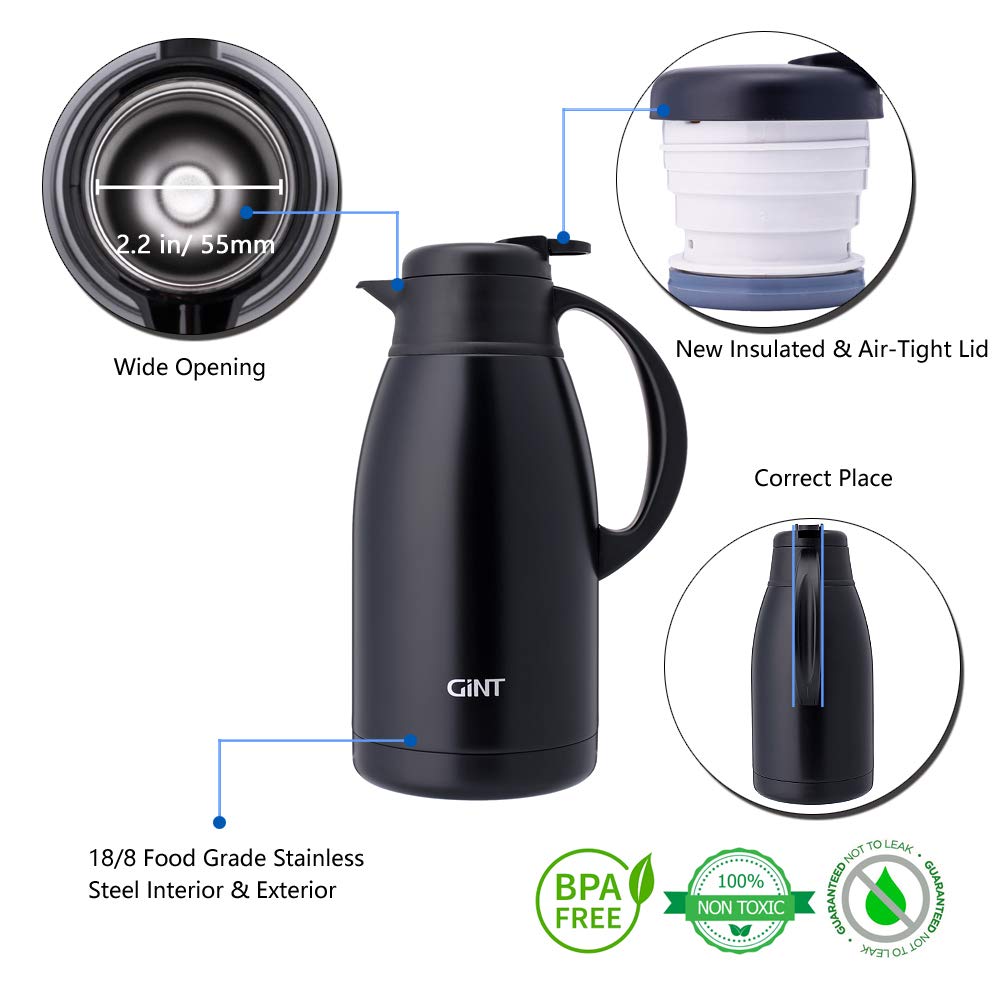 Gint Stainless Steel Thermal Coffee Carafe, Double Walled Vacuum Water And Beverage Dispenser, 12 Hour Heat Retention, 65 Oz /1.
