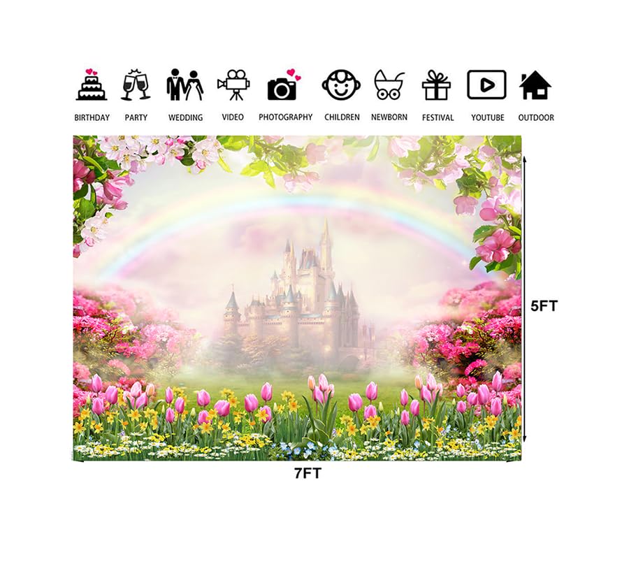 Ltlyh 7X5Ft Spring Backdrop Girl'S Birthday Backdrop Floral Castle Rainbow Nature Scenery Background Kids Girls Children Birthda