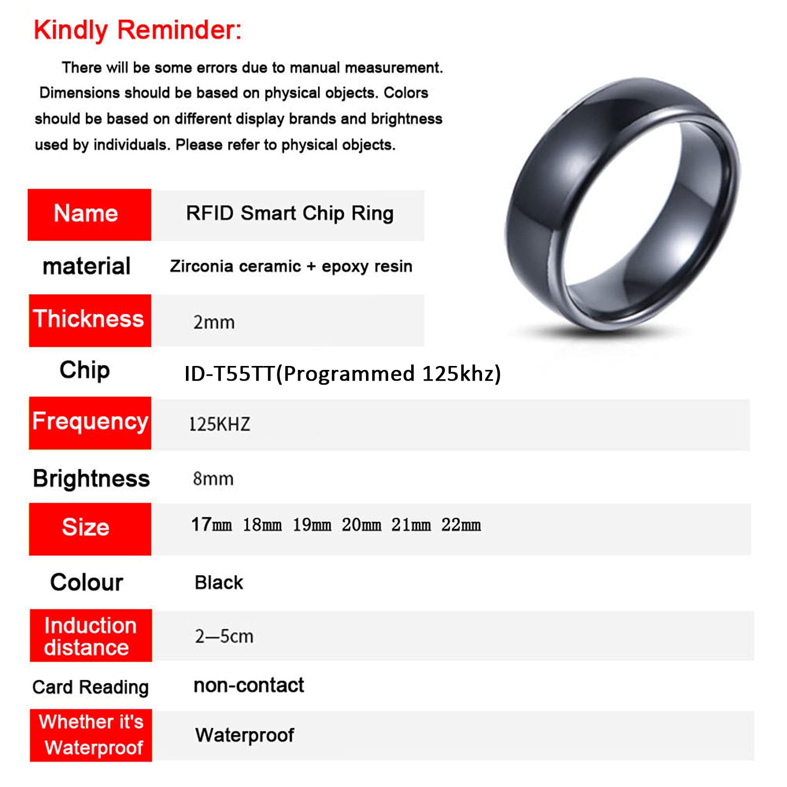 Hecere T5577 Or Uid Chip Rfid Black Ceramics Smart Finger Rewrite Ring Id/Ic Wear For Men Or Women(Programmed Id 18Mm)